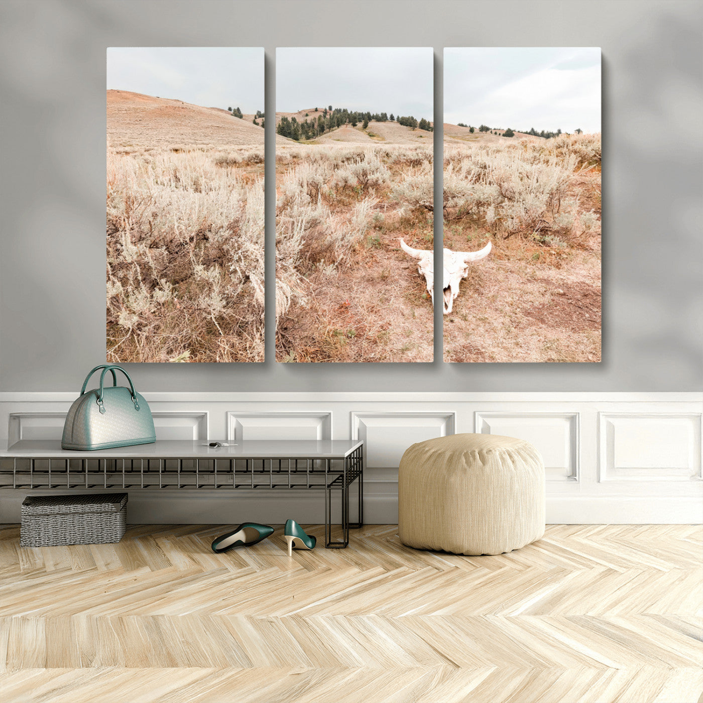 97234735-MGV-CV-36X24 - Desert Skull Wall Art – Arid Landscape & Sagebrush Canvas Print, Rustic Nature and Earth Tones for Living Room or Minimalist Decor