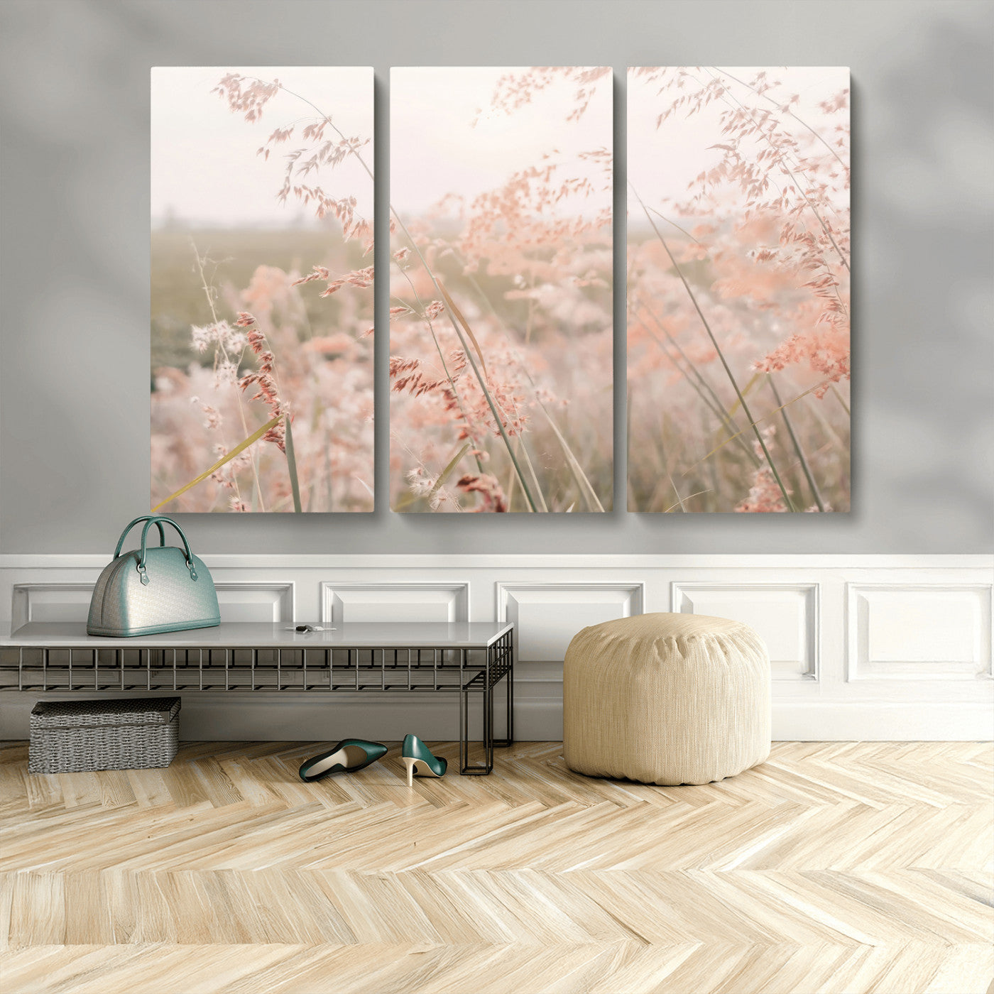 MGV-CV-48X32-3P - Pastel Grasses Wall Art Canvas Print, Framed Soft Meadow Art Picture Print, Field in Breeze Perfect Soft Pastel Minimal Decor Artwork