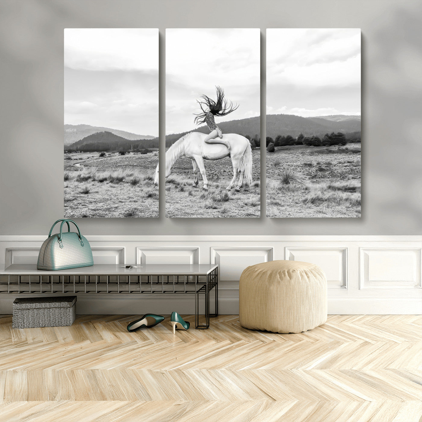 MGV-CV-48X32-3P - White Horse Wall Art Canvas Print, Framed Woman Rider Art Picture Print, Equestrian Pose Perfect Western Boho Decor Artwork