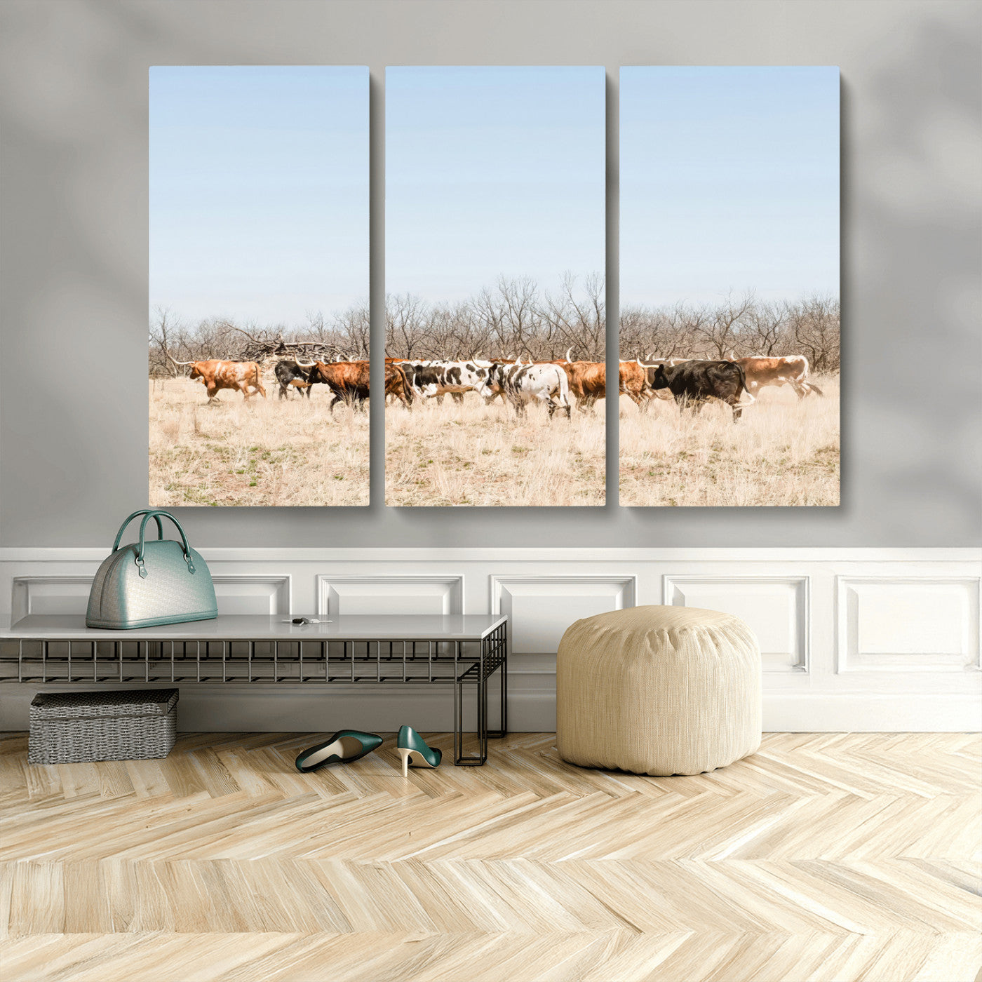 MGV-CV-48X32-3P - Texas Longhorns Wall Art Canvas Print, Framed Western Cattles Art Picture Print, Rustic Herd Perfect Rustic Farmhouse Decor Artwork