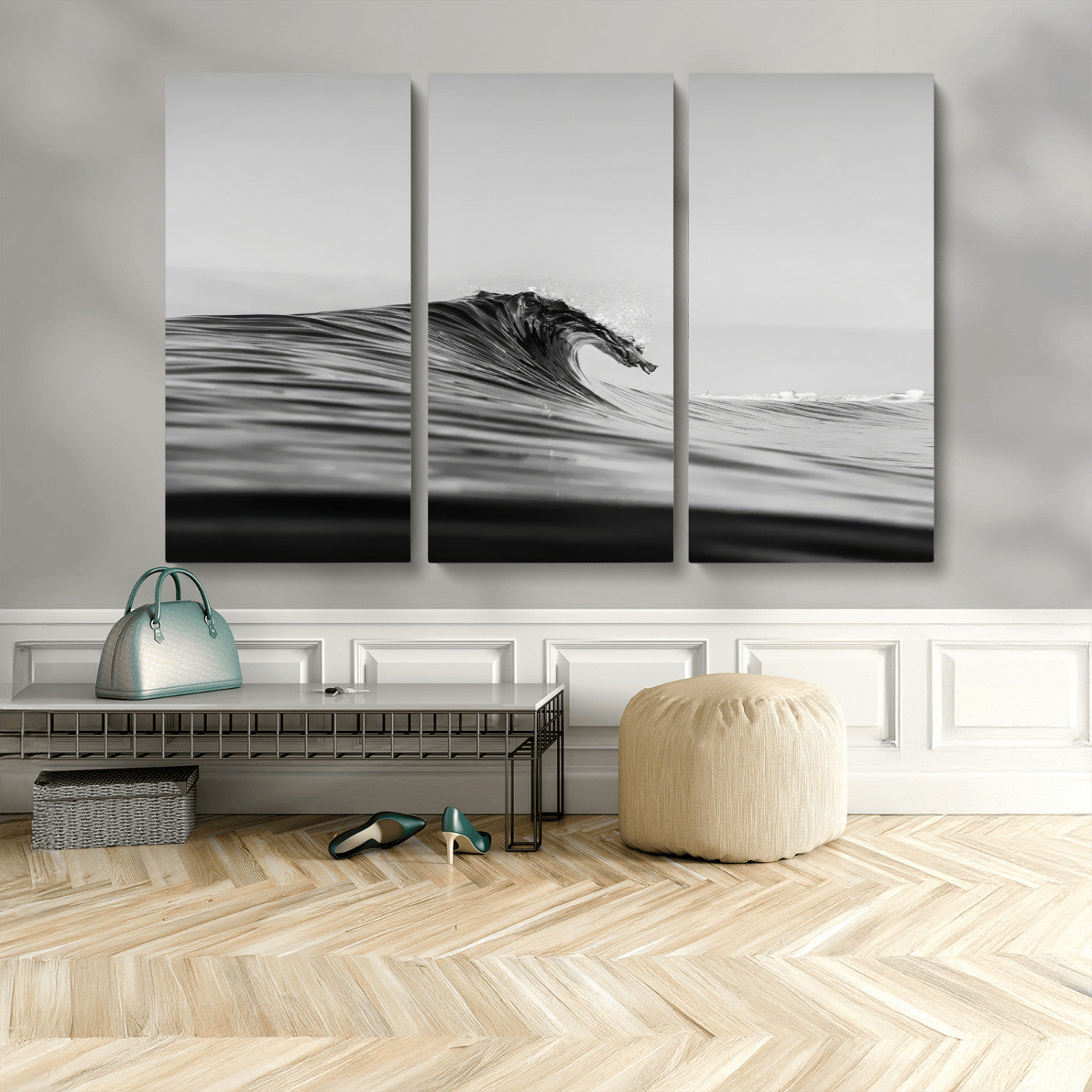 MGV-CV-48X32-3P - Black Wave Wall Art Canvas Print, Framed Abstract Surf Art Picture Print, Minimalist Ocean Perfect Minimalist Coastal Decor Artwork
