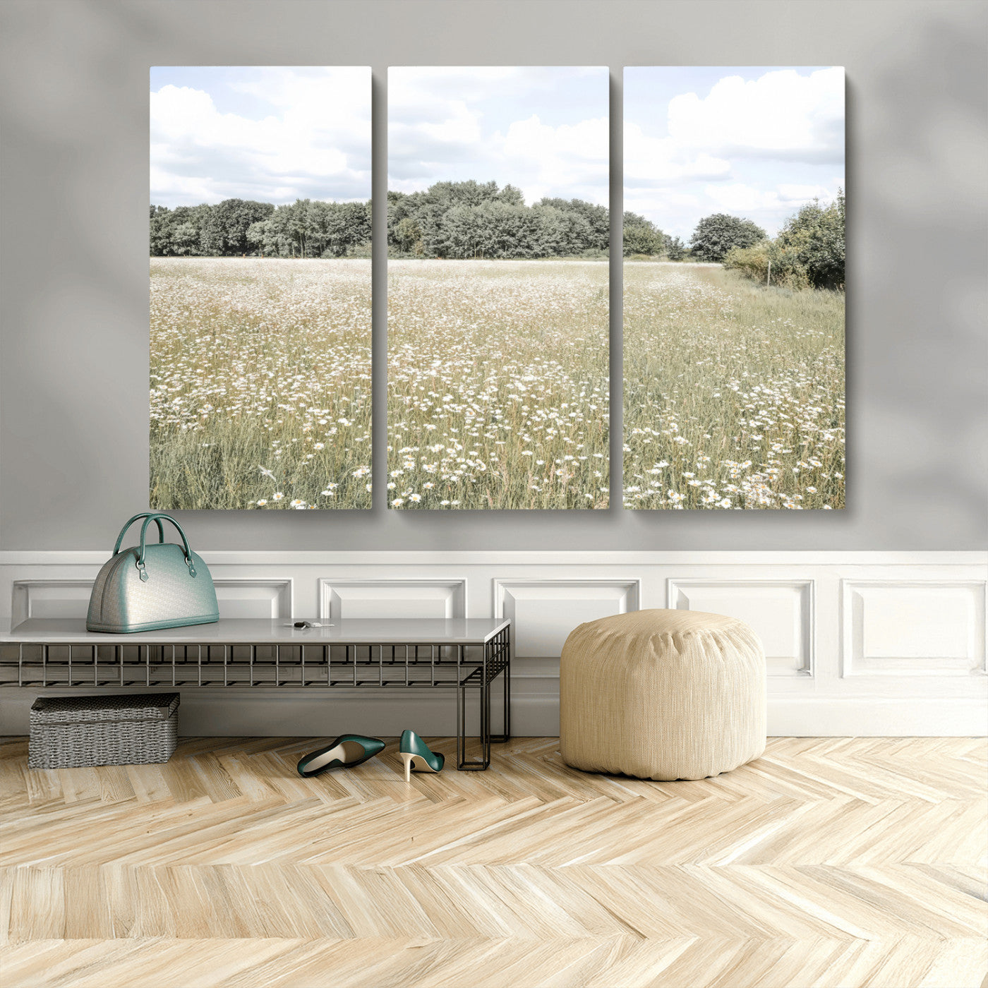 MGV-CV-48X32-3P - Charming Daisy Field Wall Art Canvas Print, Framed Pastel Flower Art Picture Print, Meadow Bloom Perfect Scandinavian Minimalist Decor Artwork