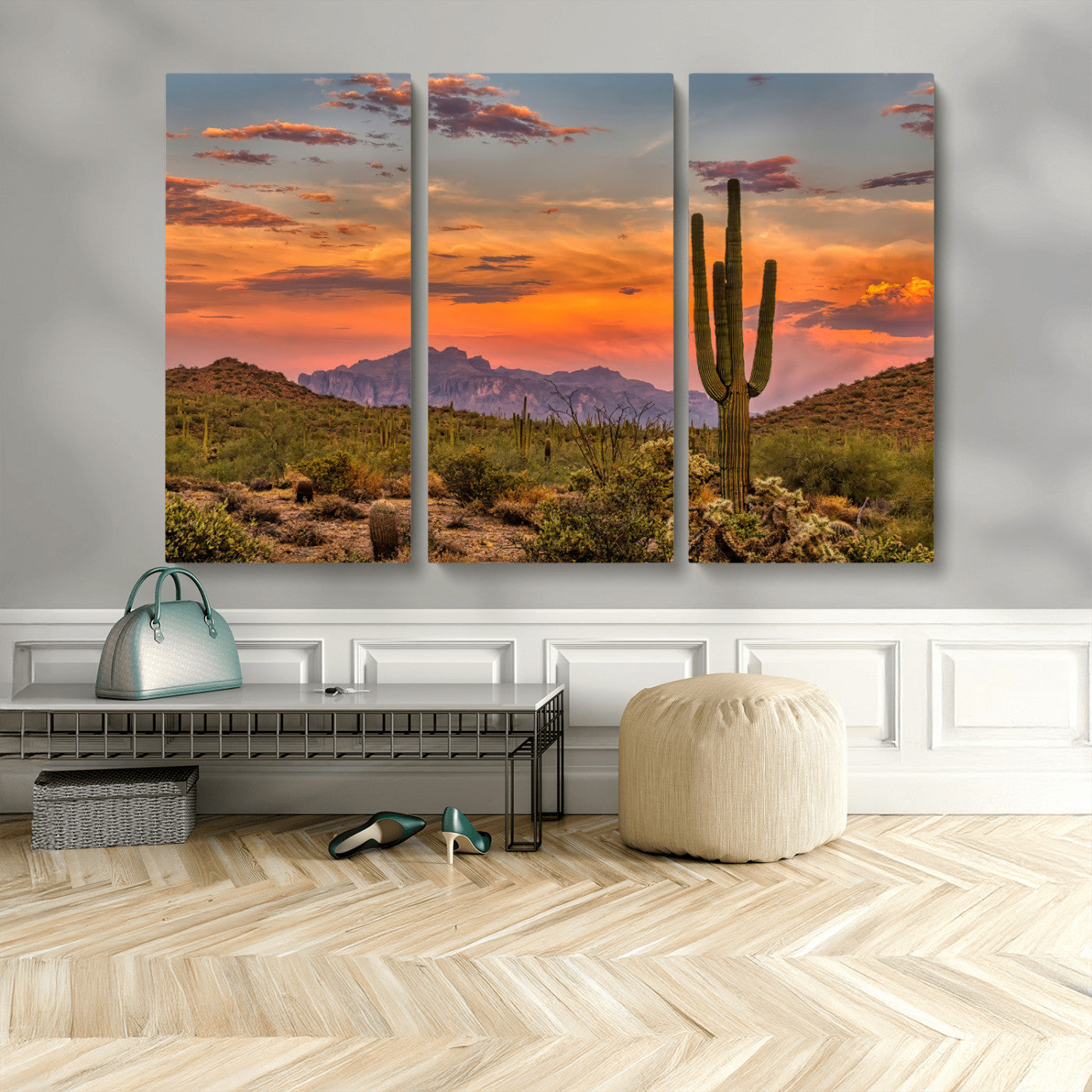 MGV-CV-48X32-3P - Saguaro Cactus Wall Art Canvas Print, Framed Arizona Sunset Art Picture Print, Sonoran Desert Perfect Southwestern Boho Decor Artwork
