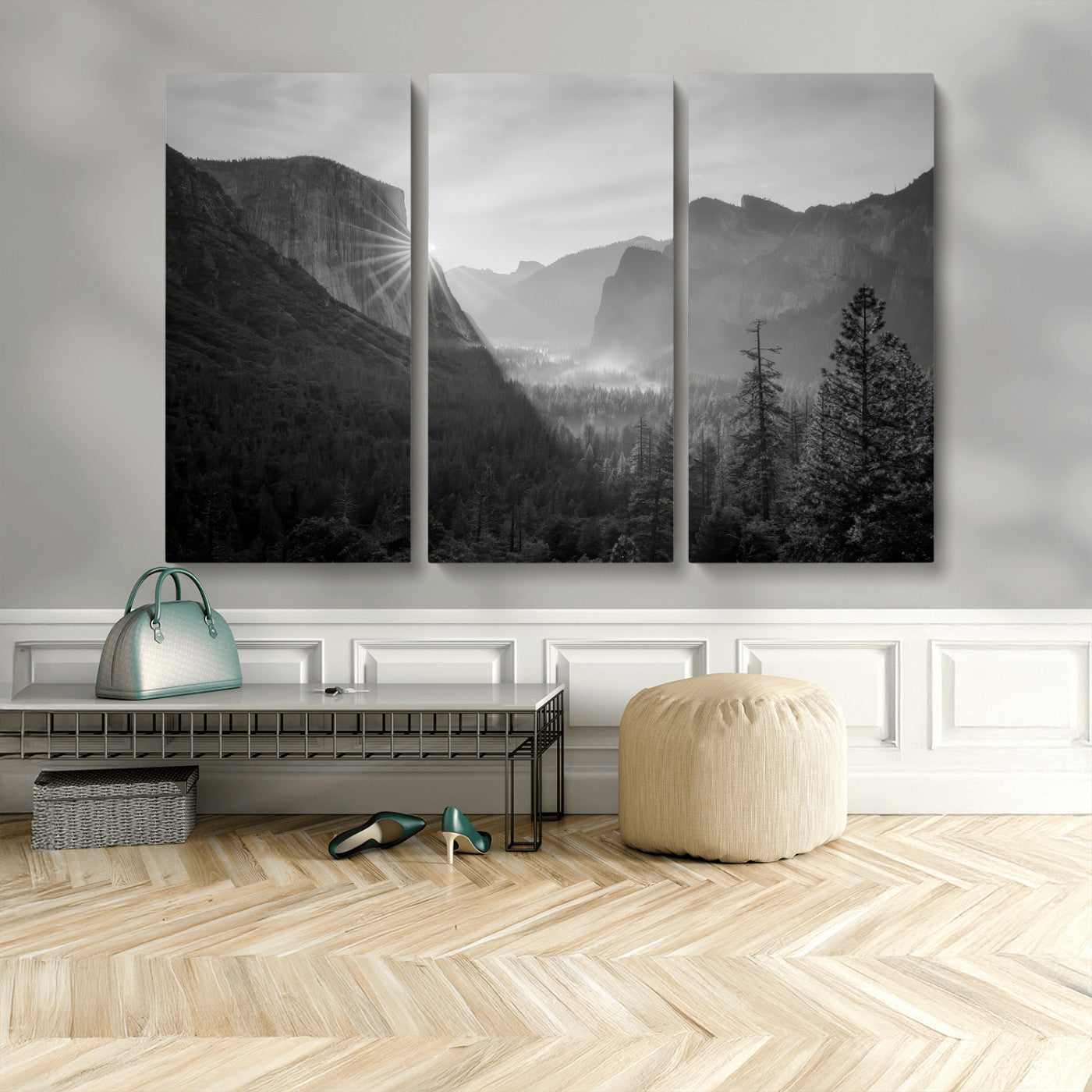 MGV-CV-48X32-3P - Yosemite Valley Wall Art Canvas Print, Framed El Capitan Sunrise Art Picture Print, Misty Mountain Perfect Modern Rustic Decor Artwork