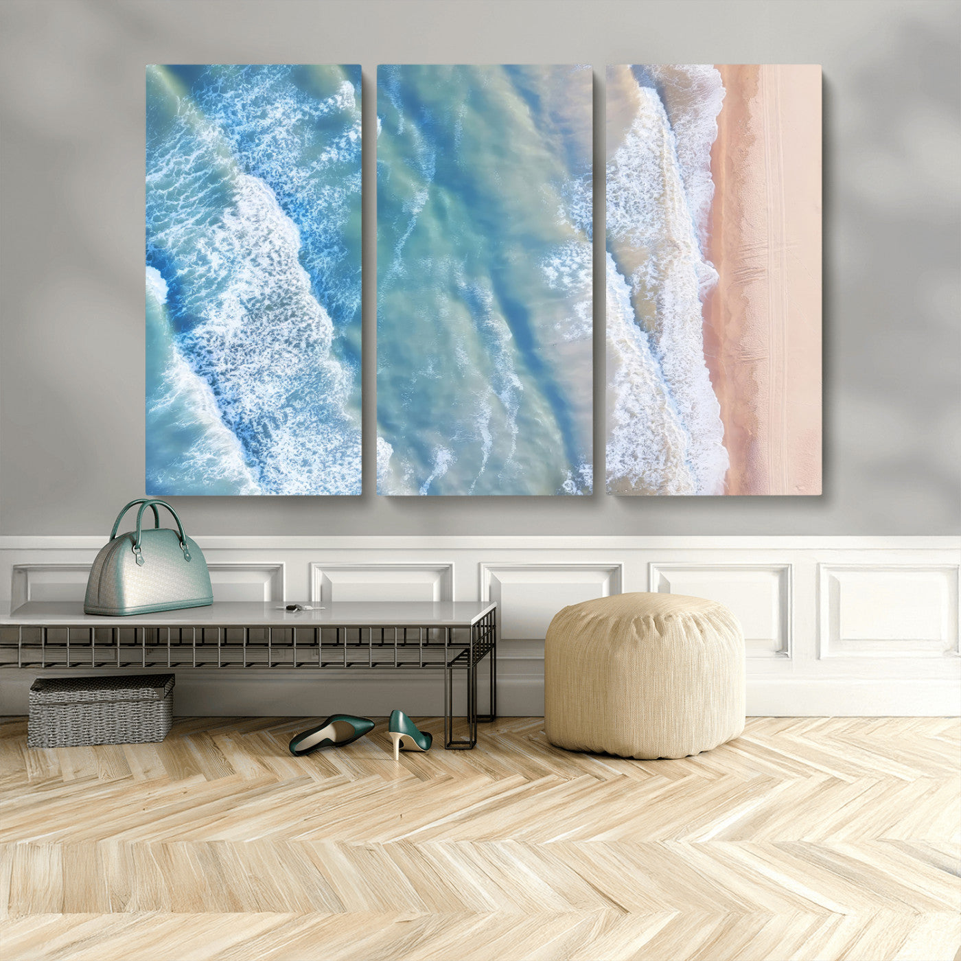 MGV-CV-48X32-3P - Aerial Ocean View Wall Art Canvas Print, Framed Soft Blue Waves Art Picture Print, Sandy Shoreline Perfect Modern Coastal Decor Artwork