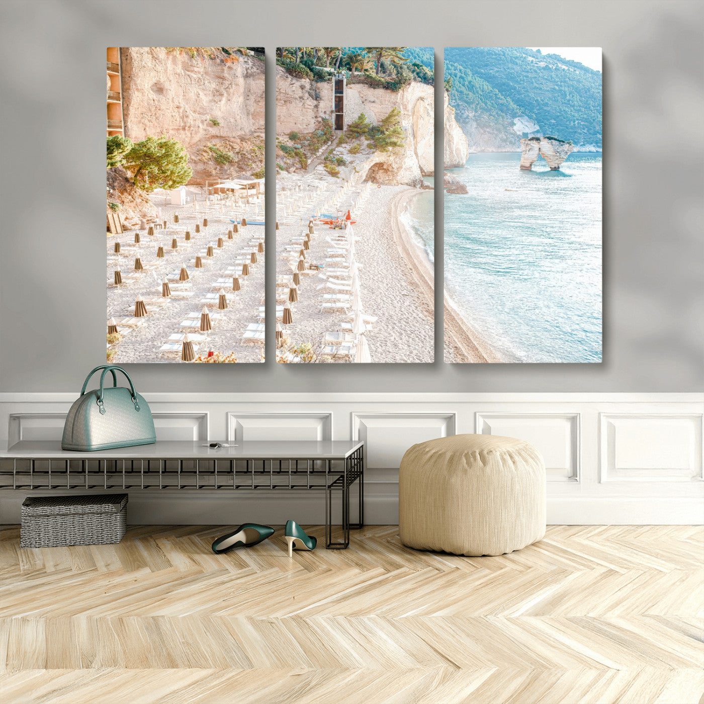 84816639-MGV-CV-36X24 - Sunny Beach Wall Art – Chairs & Umbrellas Canvas Print, Clear Water, Rocky Cliffs, Coastal Calm for Living Room or Vacation Home Decor