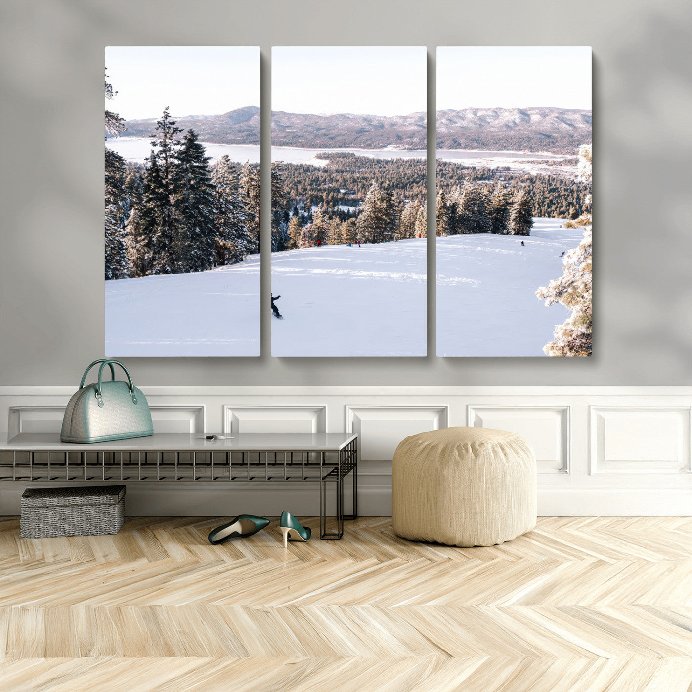 79857868-MGV-CV-36X24 - Snowboarder Wall Art – Winter Slope Canvas Print, Pine Forest, Snow-Covered Mountains, Outdoor Adventure for Living Room or Cabin Decor