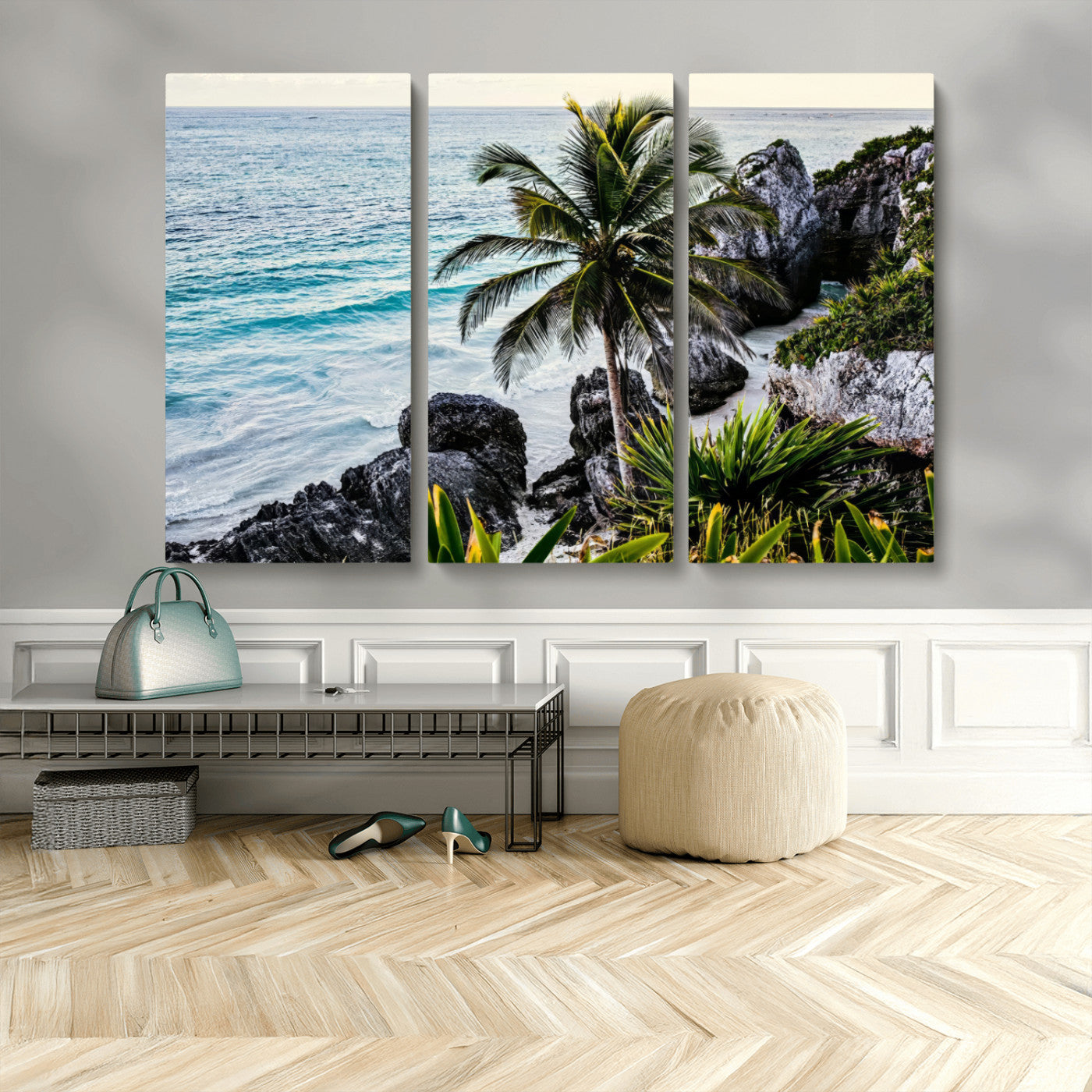 94669907-MGV-CV-36X24 - Tropical Palm Wall Art – Coastal Rocks Canvas Print, Ocean Breeze, Sandy Shore, Vibrant Green Foliage for Living Room or Beach House Decor