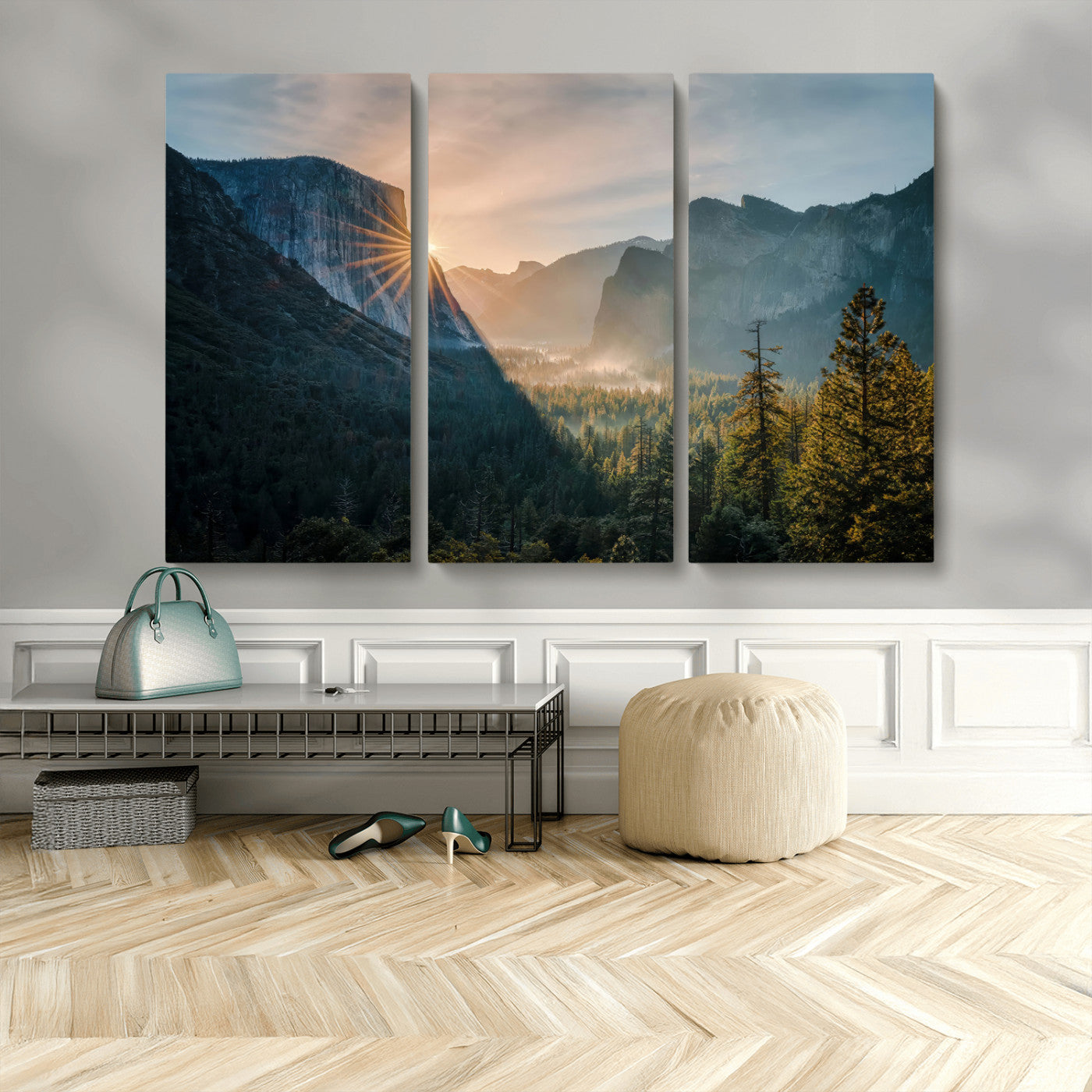 51605481-MGV-CV-36X24 - Yosemite Valley Wall Art – Misty Forest Peaks Canvas Print, Radiant Light, Tranquil Nature Landscape for Living Room or Cabin Decor