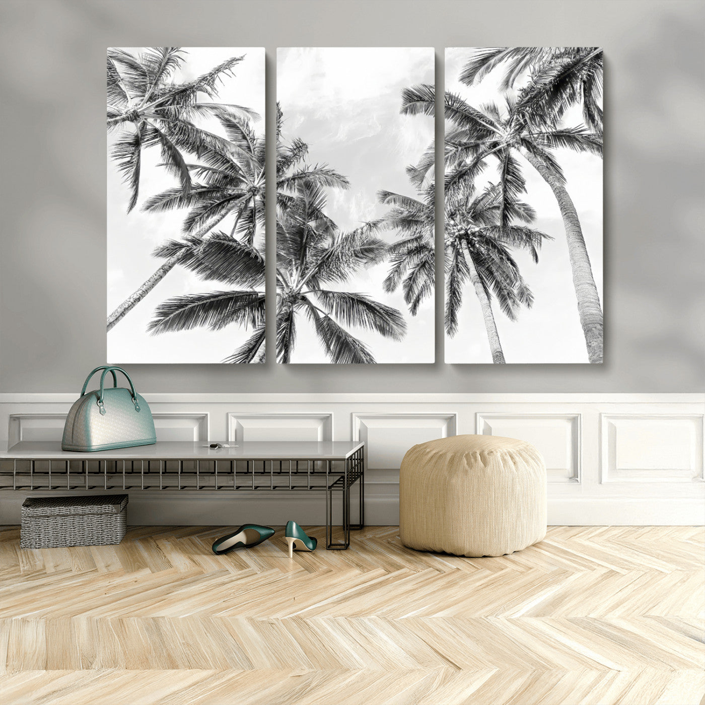 MGV-CV-48X32-3P - Black White Palm Wall Art Canvas Print, Framed Monochrome Tropics Art Picture Print, Minimalist Beach Perfect Coastal Minimalist Decor Artwork