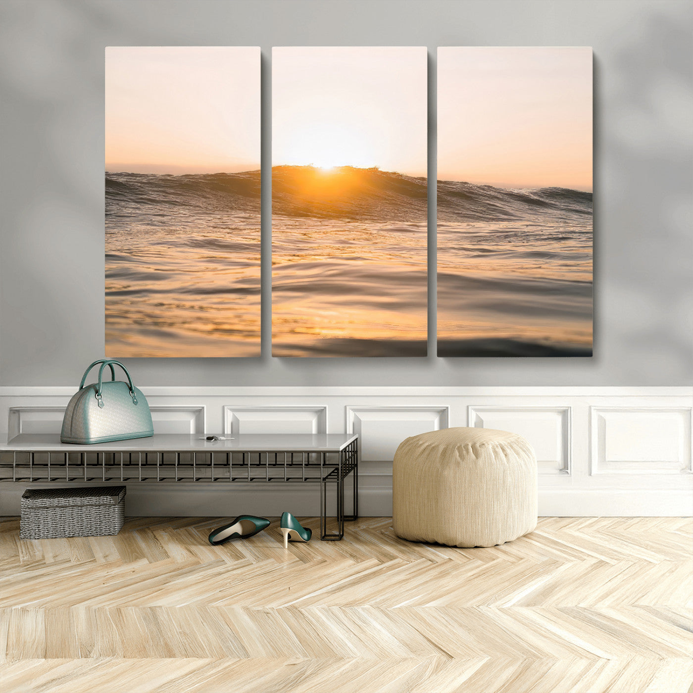 16973771-MGV-CV-48X32-3P-Calm Water Wall Art – Framed Sunset Waves Canvas Artwork, Coastal Warm Design, Minimal Ocean Decor for Home, Office