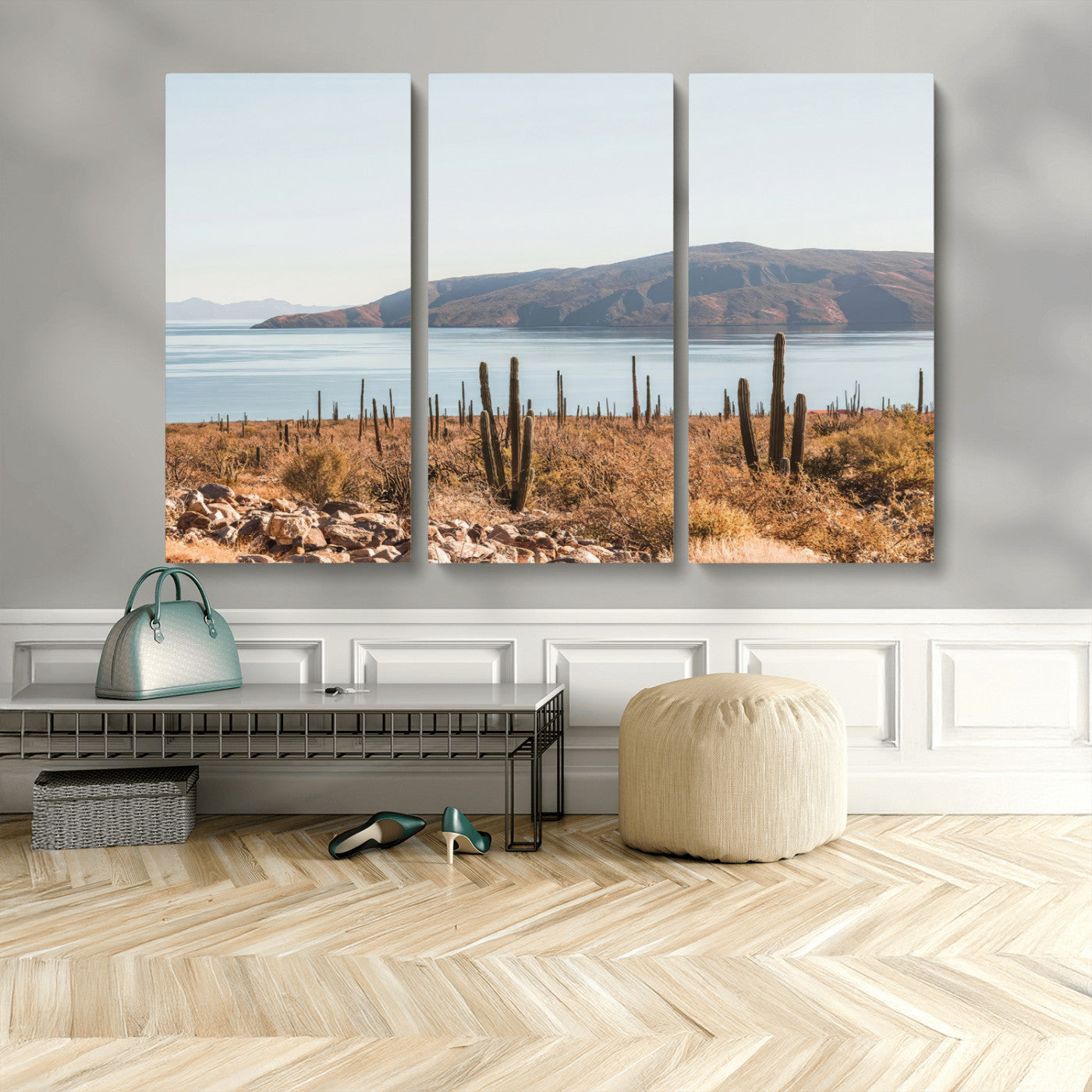 MGV-CV-48X32-3P - Desert Cactus Wall Art Canvas Print, Framed Baja Coastline Art Picture Print, Coastal Desert Perfect Southwestern Minimalist Decor Artwork