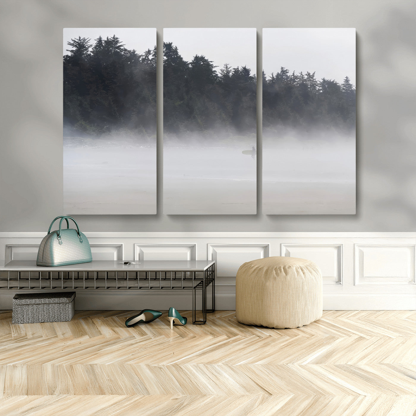 59703275-MGV-CV-36X24-Surfer Fog Wall Art Canvas Print – Framed Foggy Beach Scene with Coastal Surf Artwork for Home, Office, Living Room