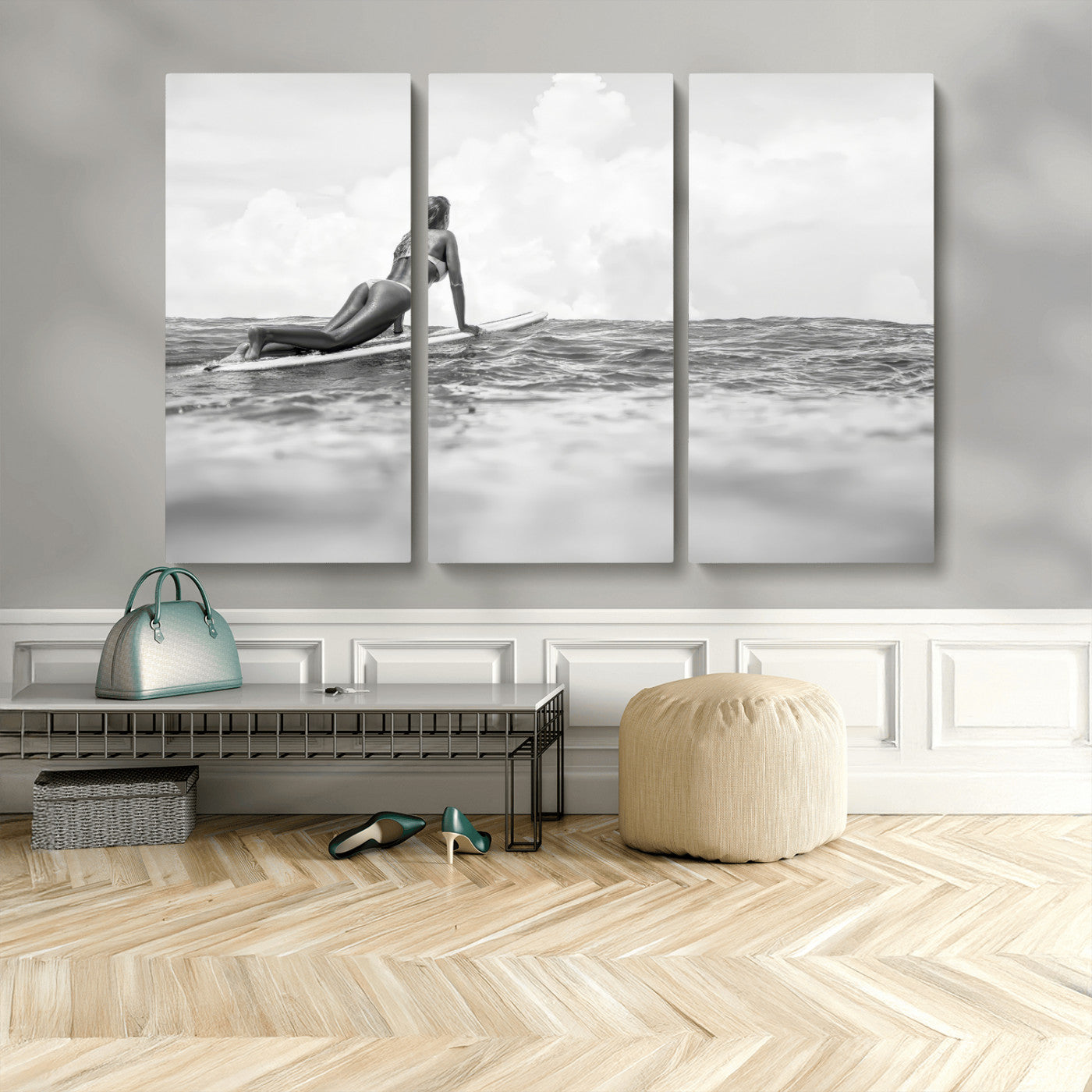 69798068-MGV-CV-36X24-Black and White Surfing Wall Art Canvas Print – Framed Ocean Horizon with Surfer Girl Coastal Adventure Artwork for Home, Office