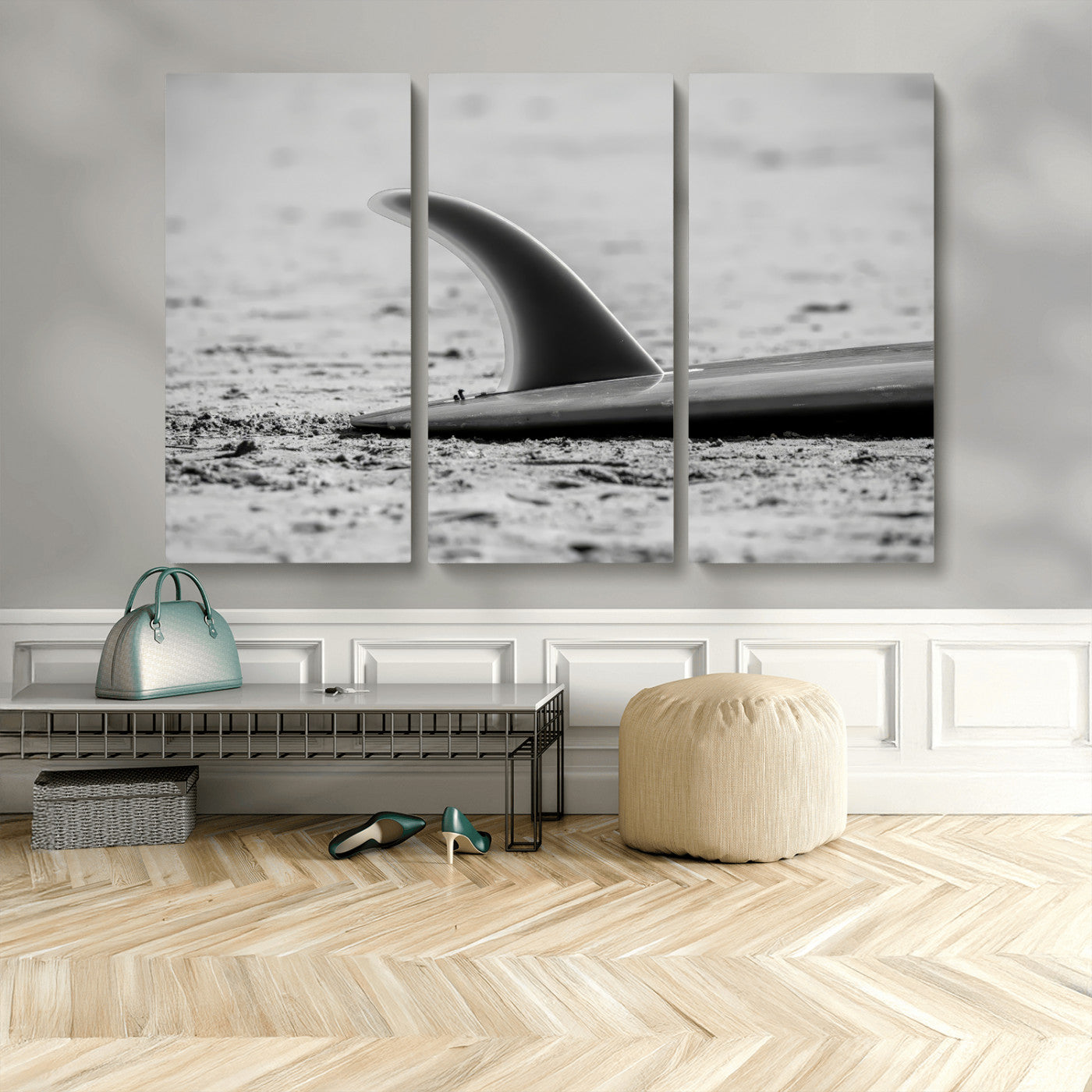 MGV-CV-48X32-3P - Black White Surfboard Wall Art Canvas Print, Framed Minimalist Beach Art Picture Print, Surf Fin Perfect Minimalist Coastal Decor Artwork