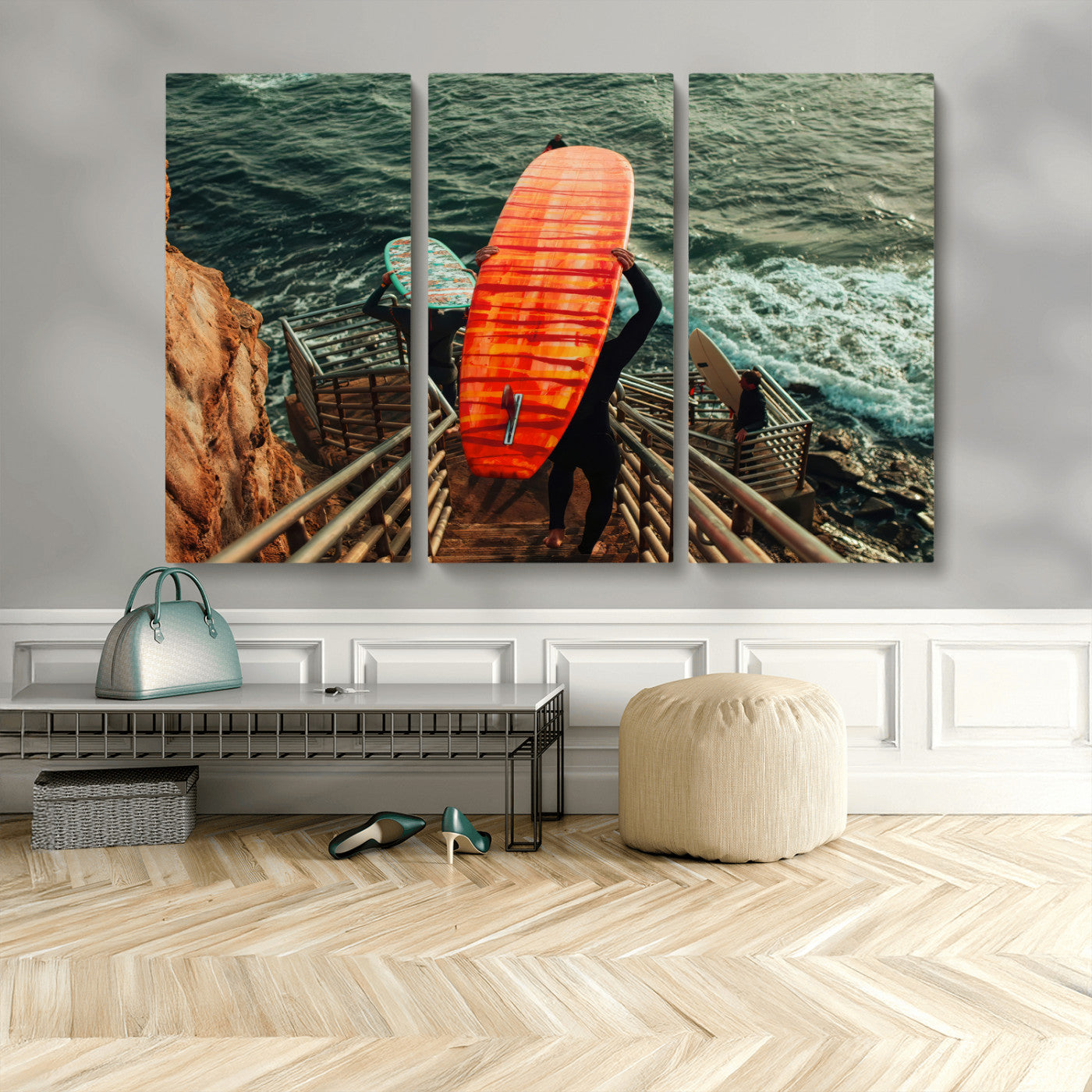 MGV-CV-48X32-3P - Surfer Stairway Wall Art Canvas Print, Framed Ocean Surf Art Picture Print, Sunset Coastal Perfect Coastal Adventure Decor Artwork