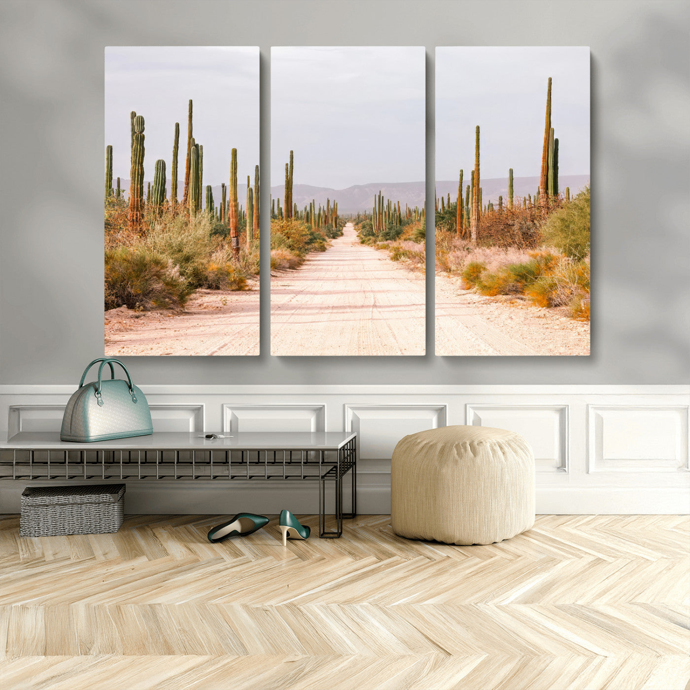 MGV-CV-48X32-3P - Desert Cactus Lined Road Wall Art Canvas Print, Framed Southwestern Landscape Art Picture Print, Bohemian Western Aesthetic Perfect Southwestern Boho Decor Artwork