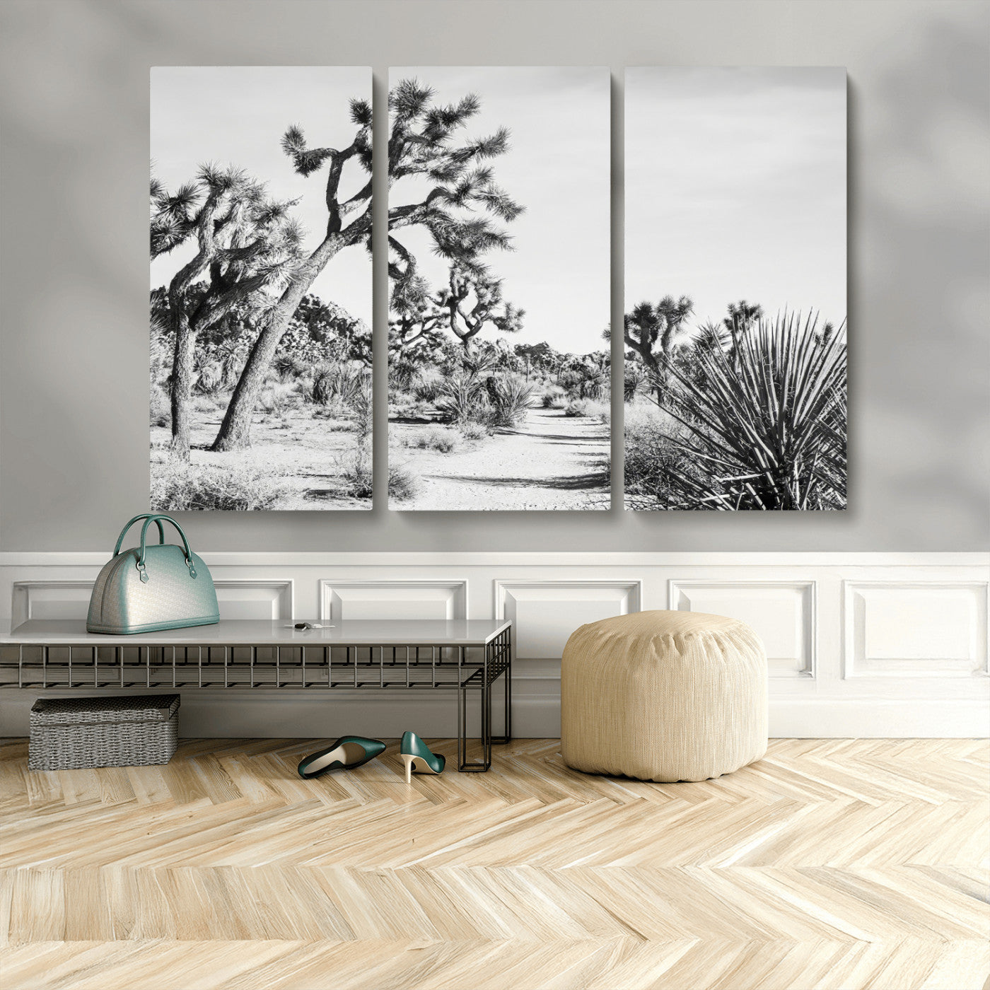 MGV-CV-48X32-3P - Joshua Tree Wall Art Canvas Print, Framed Desert Path Art Picture Print, Monochrome Desert Perfect Minimalist Desert Decor Artwork