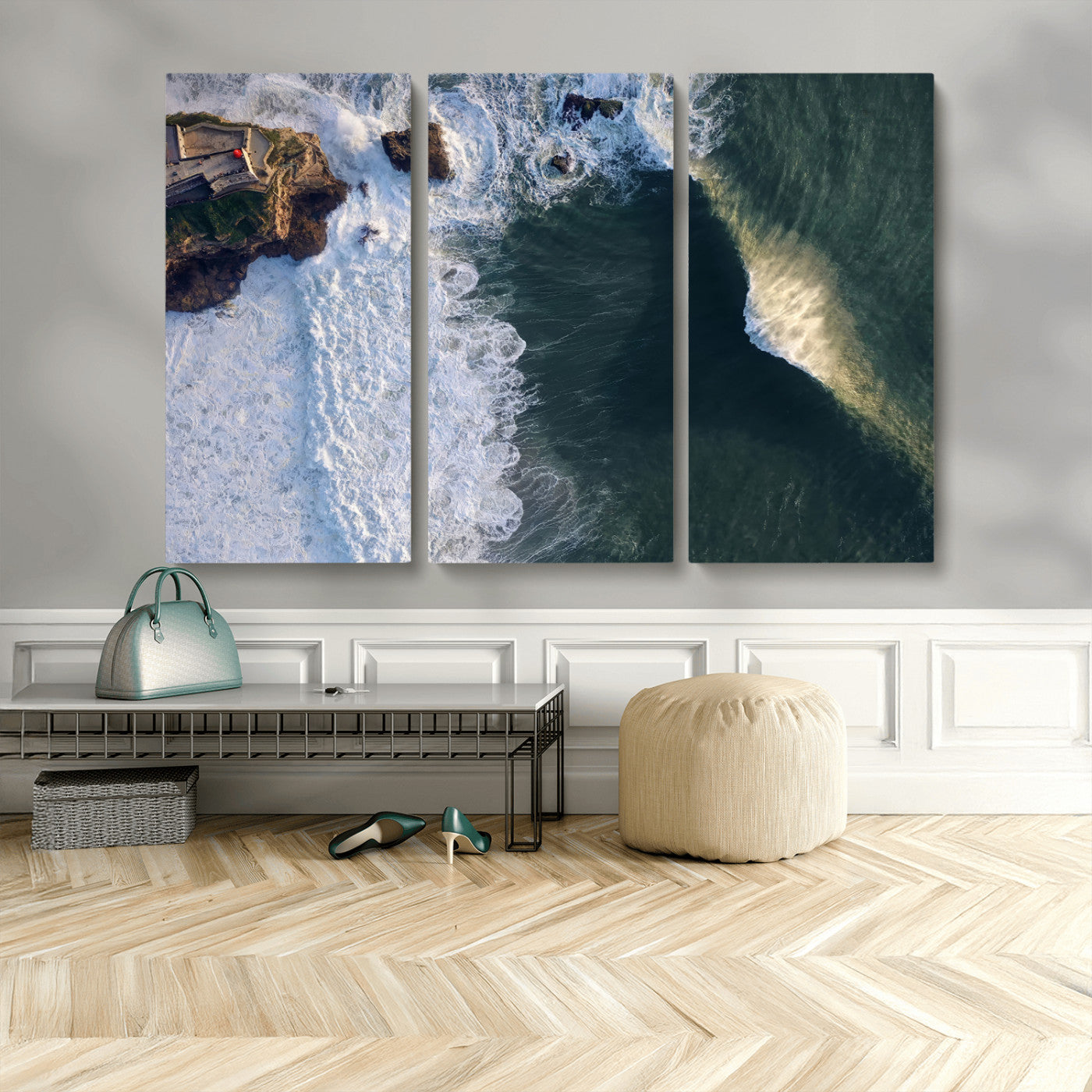MGV-CV-48X32-3P - Nazaré Coast Wall Art Canvas Print, Framed Aerial Ocean Art Picture Print, Coastal Fortress Perfect Dramatic Coastal Decor Artwork