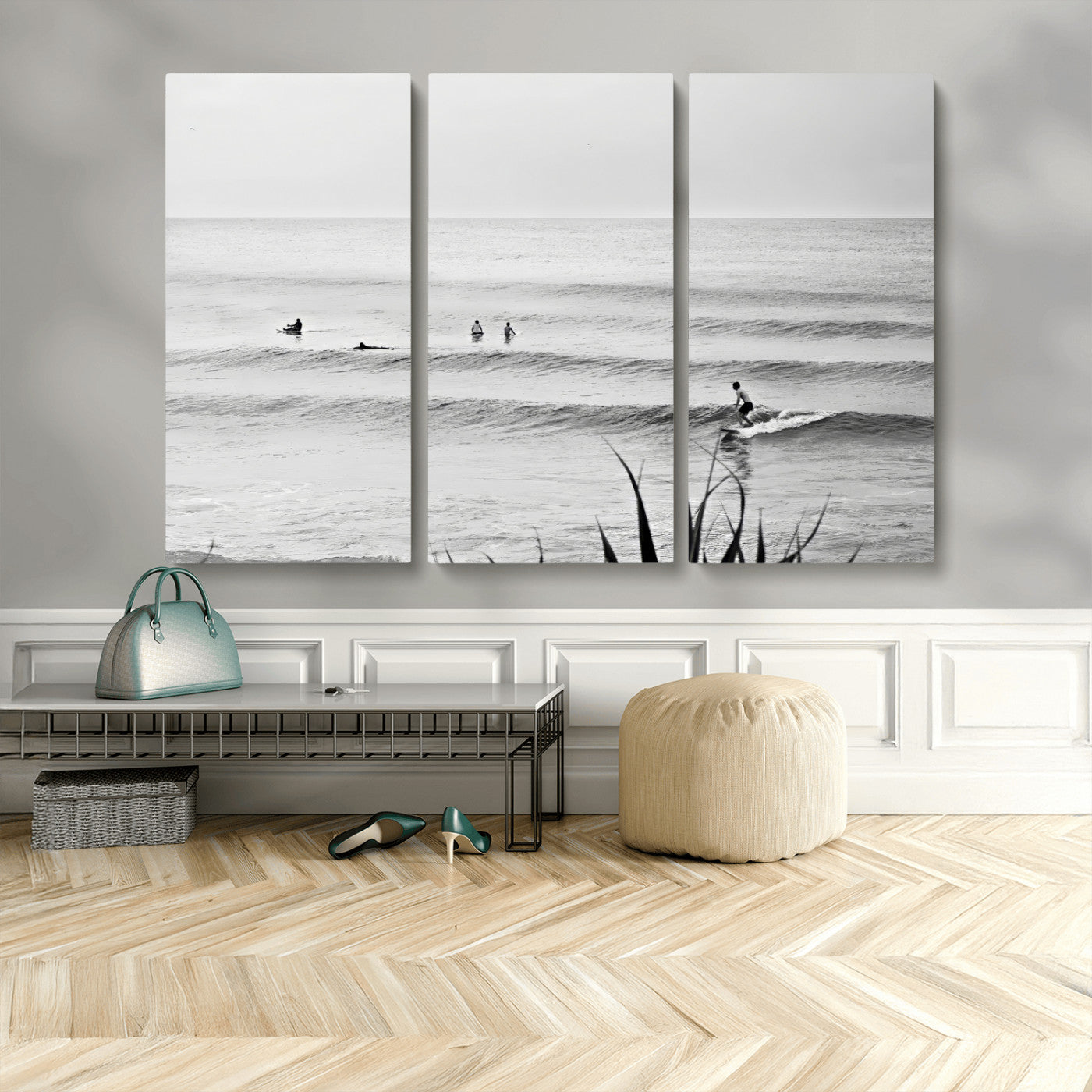 MGV-CV-48X32-3P - Surfer Silhouette Wall Art Canvas Print, Framed Calm Ocean Art Picture Print, Monochrome Surf Perfect Minimalist Coastal Decor Artwork