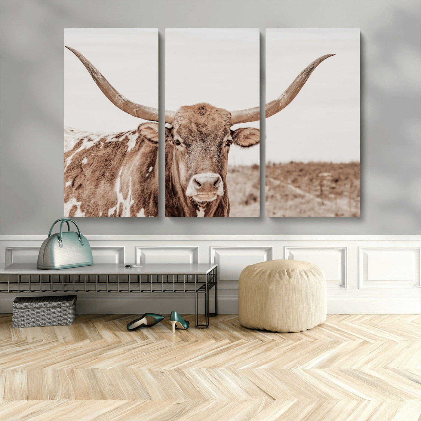 MGV-CV-48X32-3P - Longhorn Cow Wall Art Canvas Print, Framed Texas Ranch Art Picture Print, Western Bull Perfect County Decor Artwork