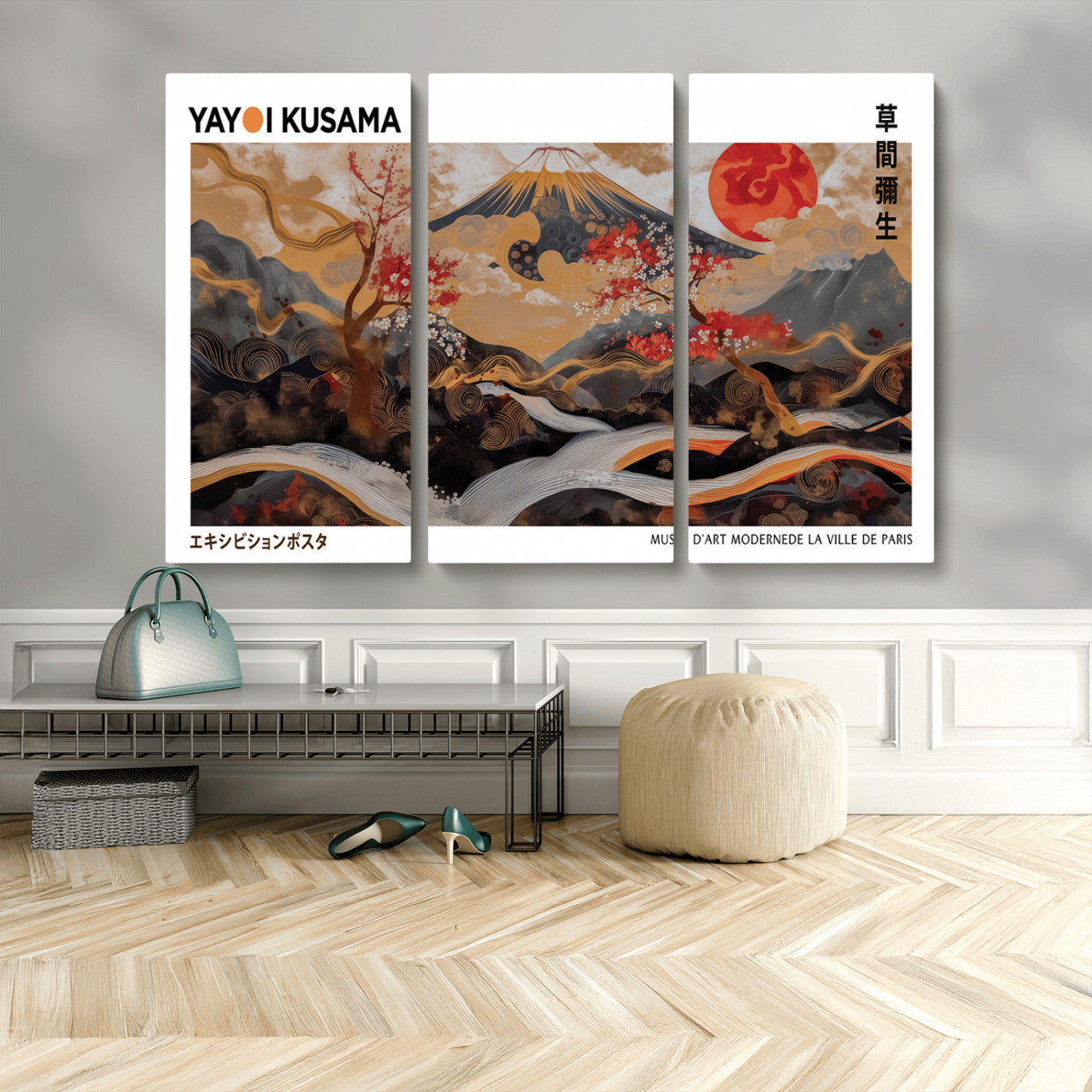 MGV-CV-48X32-3P - Modern Japanese Wall Art Print Yayoi Kusama Canvas Wall Art Abstract Mount Fuji Canvas Print