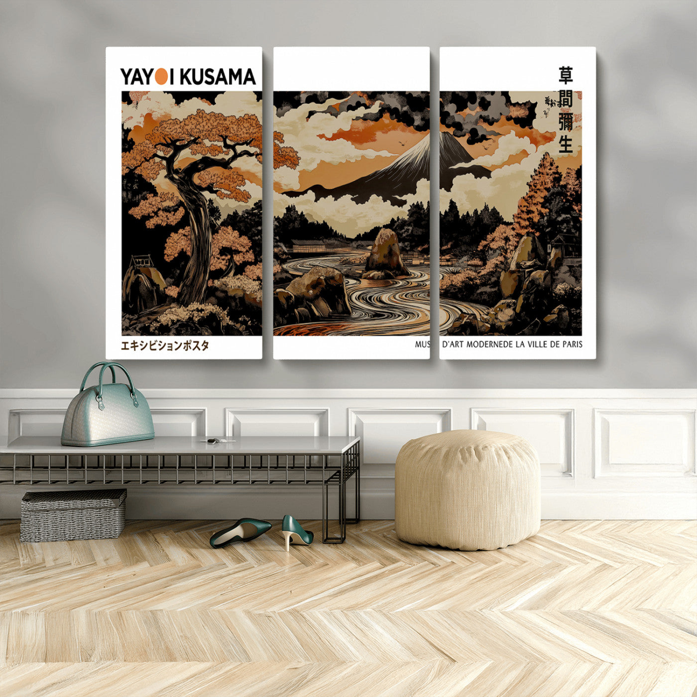 MGV-CV-48X32-3P - Modern Japanese Wall Art Print Yayoi Kusama Canvas Wall Art Abstract Mount Fuji Canvas Print