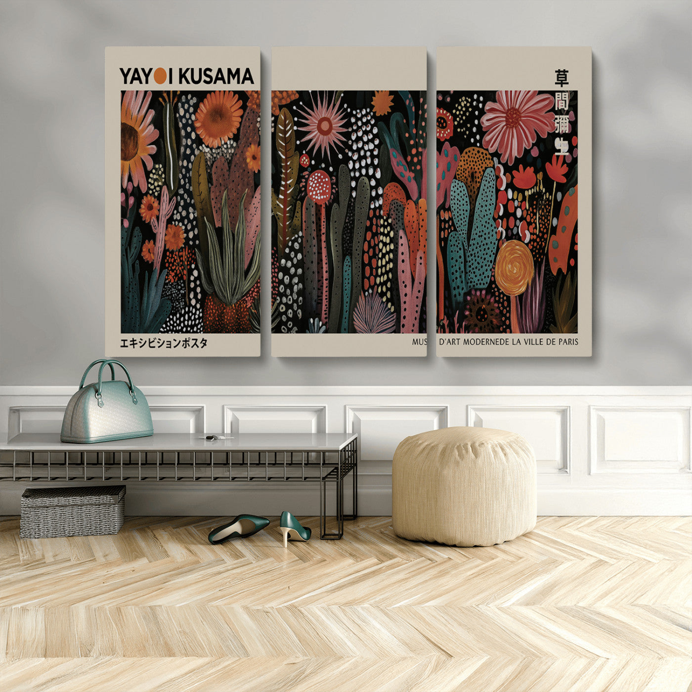 MGV-CV-48X32-3P - Modern Japanese Wall Art Print Yayoi Kusama Canvas Wall Art Abstract Mount Fuji Canvas Print