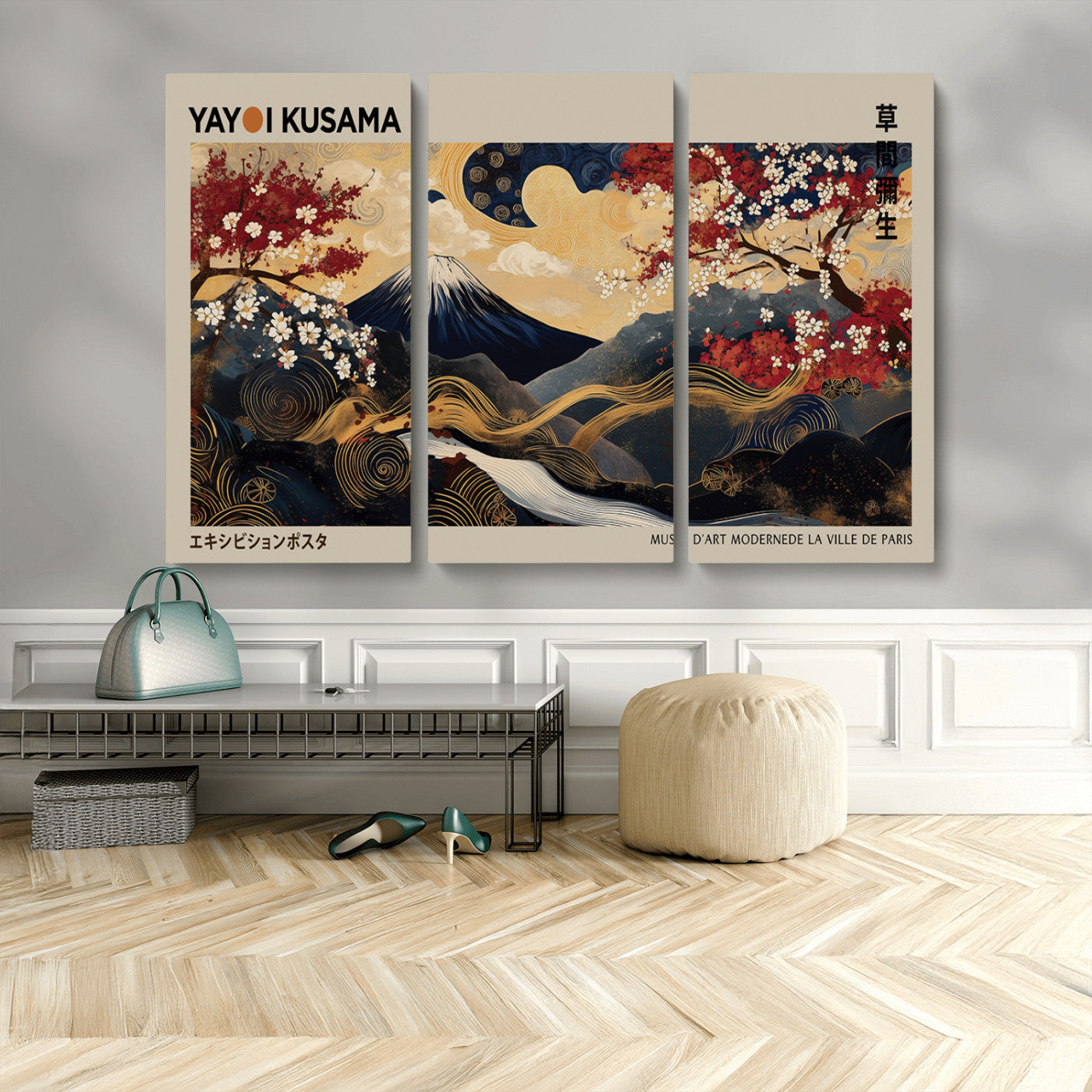 MGV-CV-48X32-3P - Modern Japanese Wall Art, Yayoi Kusama Japanese Print Wall Art, Abstract Mount Fuji Canvas Print,