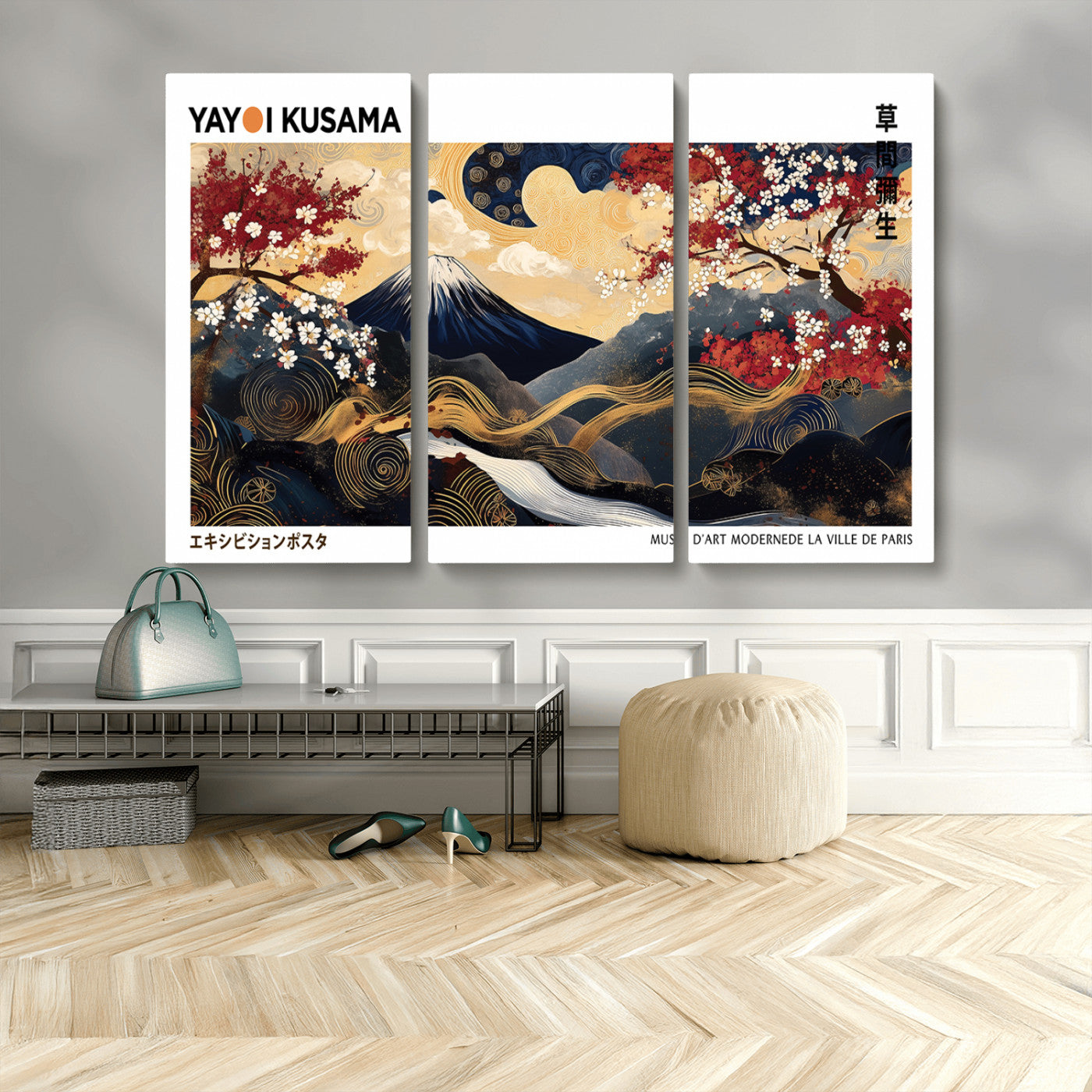 MGV-CV-48X32-3P - Modern Mount Fuji Print, Yayoi Kusama Canvas Wall Art, Abstract Mount Fuji Canvas Print, Japanese