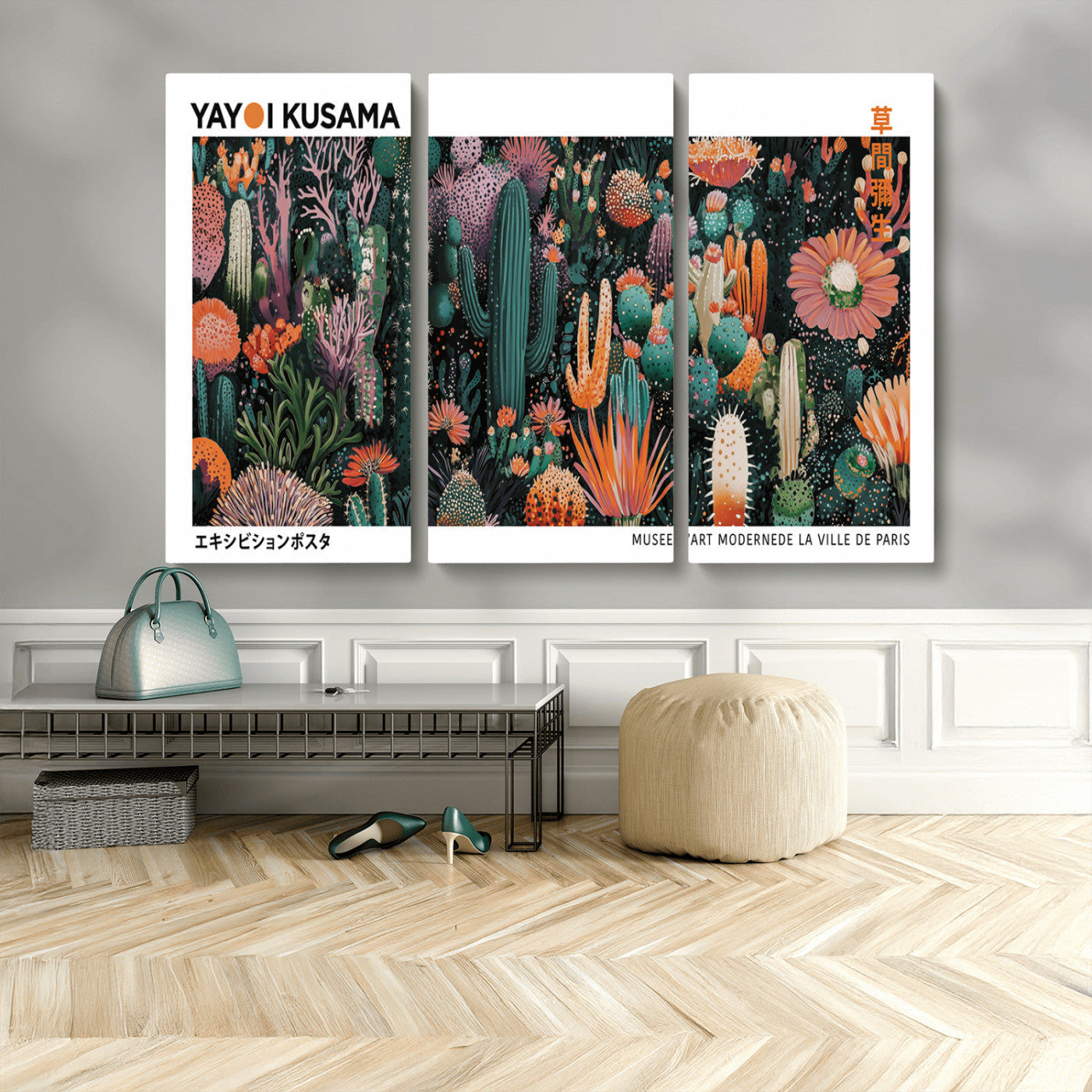 MGV-CV-48X32-3P - Modern Japanese Wall Art Print, Yayoi Kusama Print Wall Decor, Abstract Mount Fuji Canvas Print,