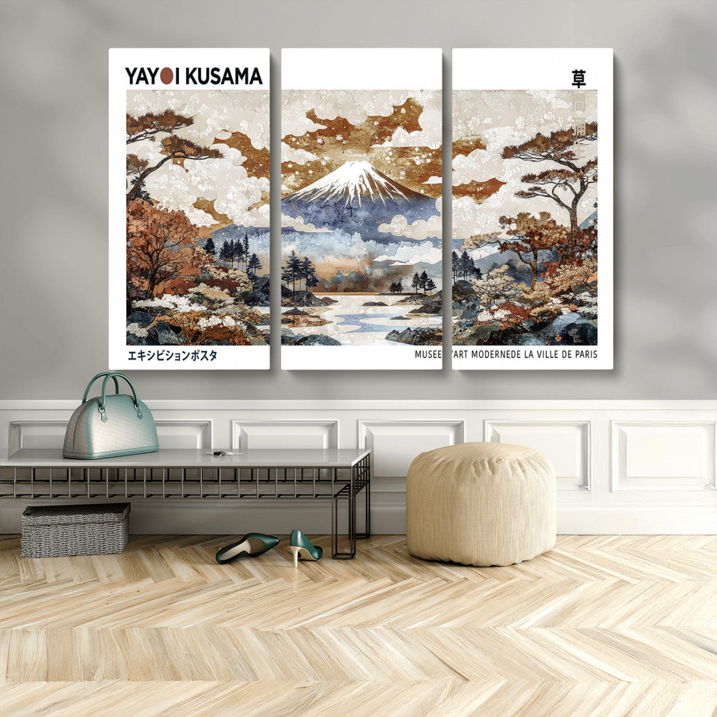 MGV-CV-48X32-3P - Modern Japanese Wall Art Print Yayoi Kusama Canvas Wall Art Abstract Mount Fuji Canvas Print