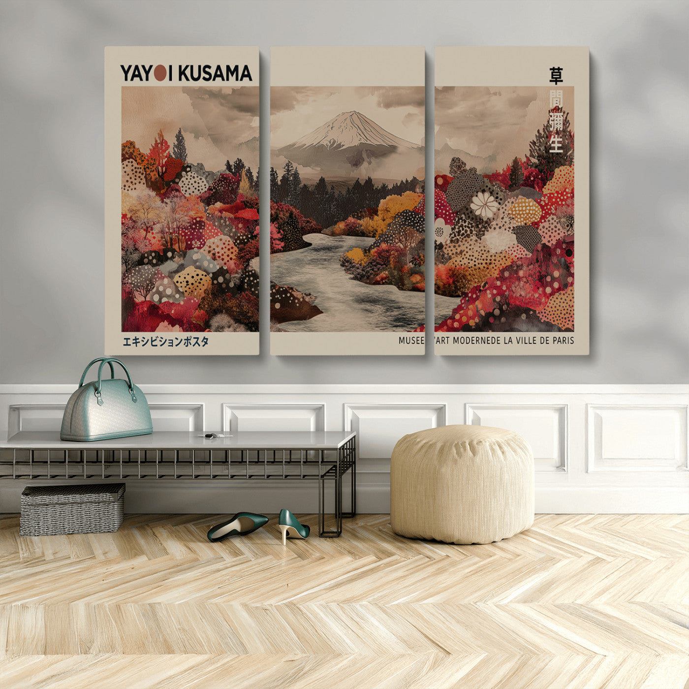 MGV-CV-48X32-3P - Modern Japanese Wall Art Print Yayoi Kusama Canvas Wall Art Abstract Mount Fuji Canvas Print