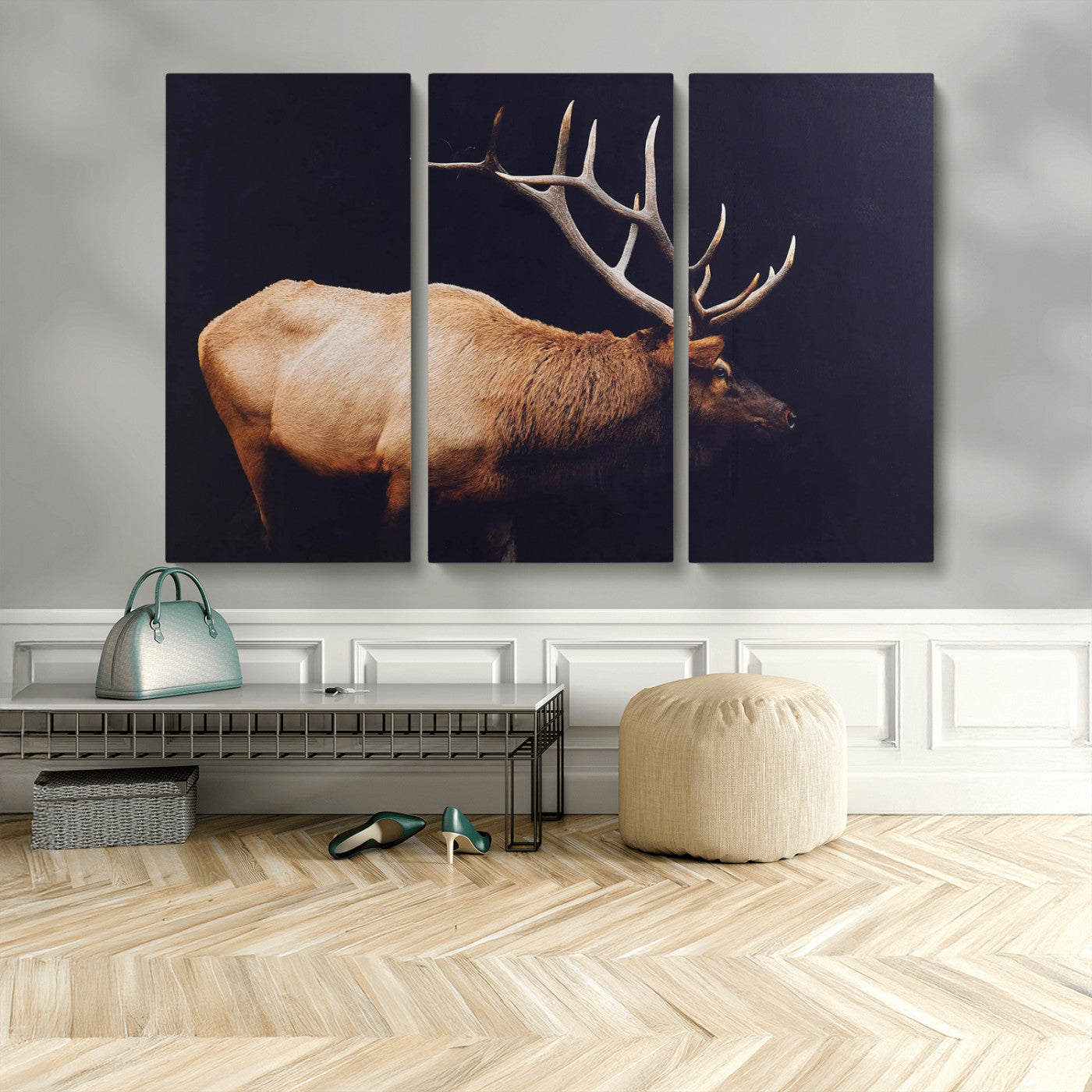 89239257-MGV-CV-48X32-3P - Rustic Elk Wall Art Canvas Print – Framed Moody Wildlife Art Picture Western Animal Artwork for Home, Office