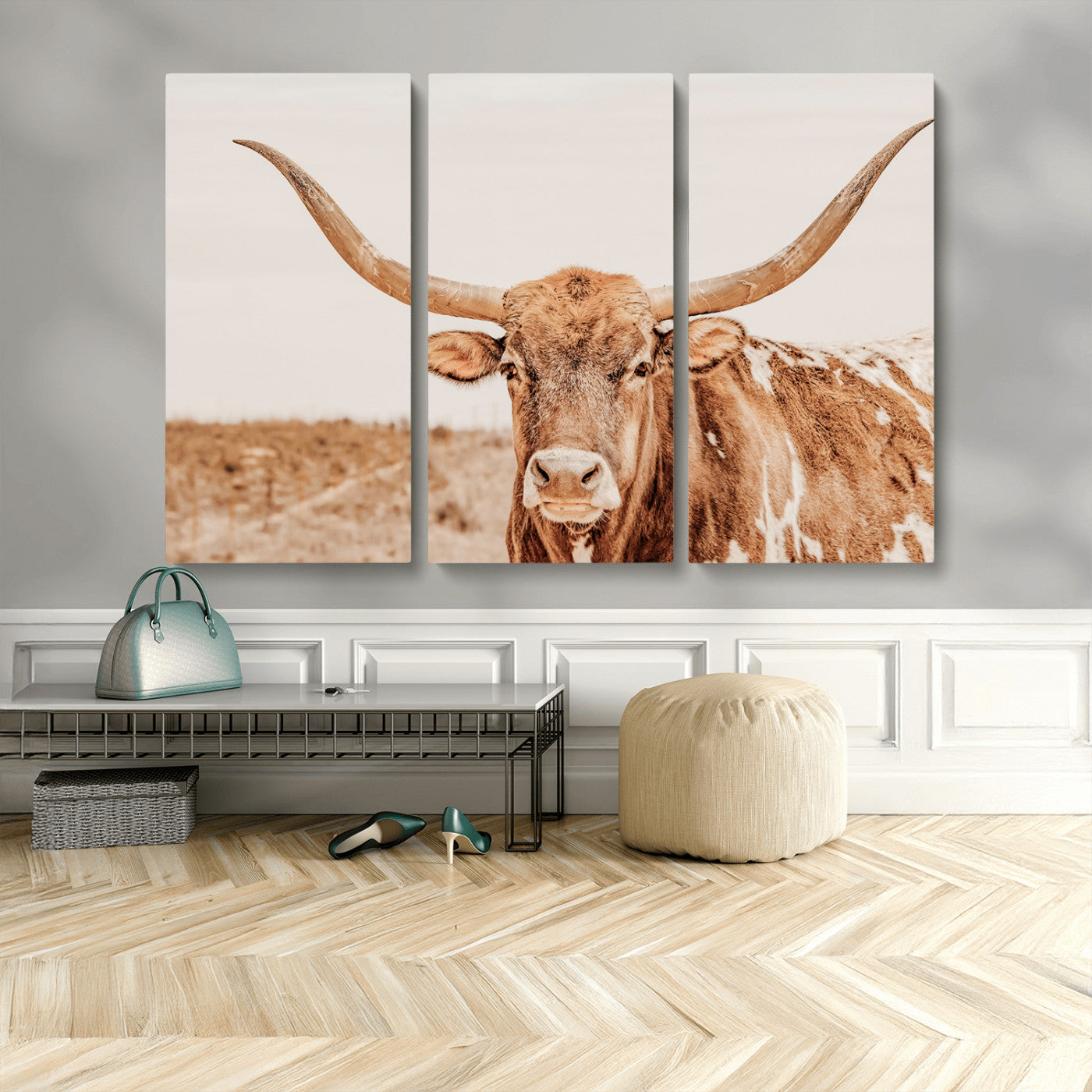 MGV-CV-48X32-3P - Longhorn Bull Wall Art Canvas Print, Framed Western Cow Art Picture Print, Rustic Farmhouse Perfect Neutral Farmhouse Decor Artwork