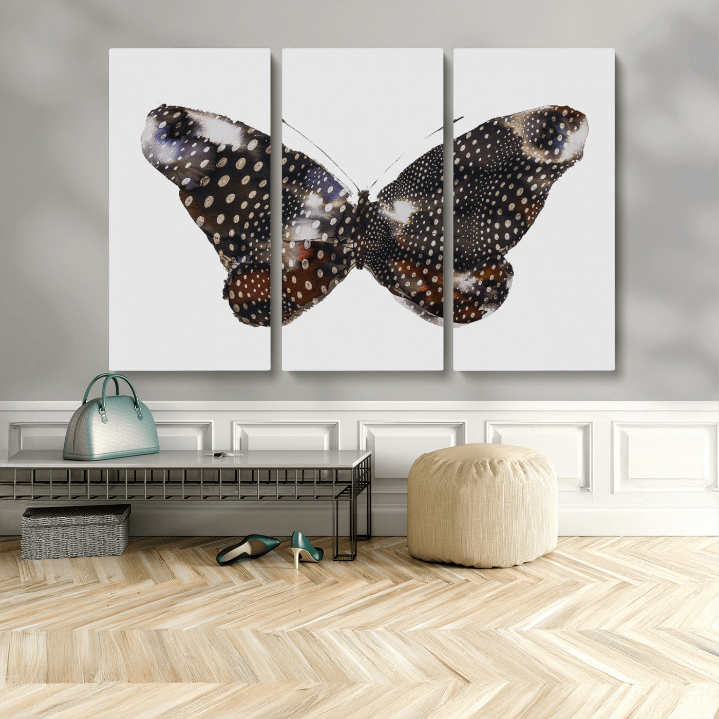 MGV-CV-48X32-3P - Spotted Butterfly Wall Art Canvas Print, Framed Neutral Insect Theme Art Picture Print, Earthy Wing Pattern Perfect Modern Rustic Decor Artwork