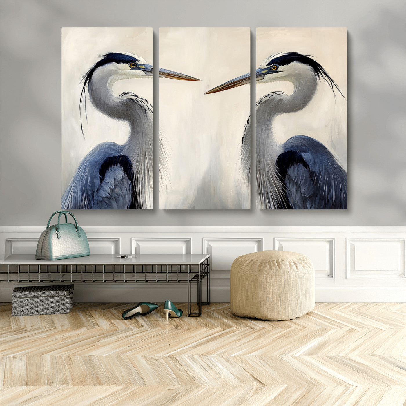 MGV-CV-48X32-3P - Blue Heron Pair Wall Art Canvas Print, Framed Coastal Bird Theme Art Picture Print, Tranquil Wildlife Scene Perfect Coastal Minimalist Decor Artwork