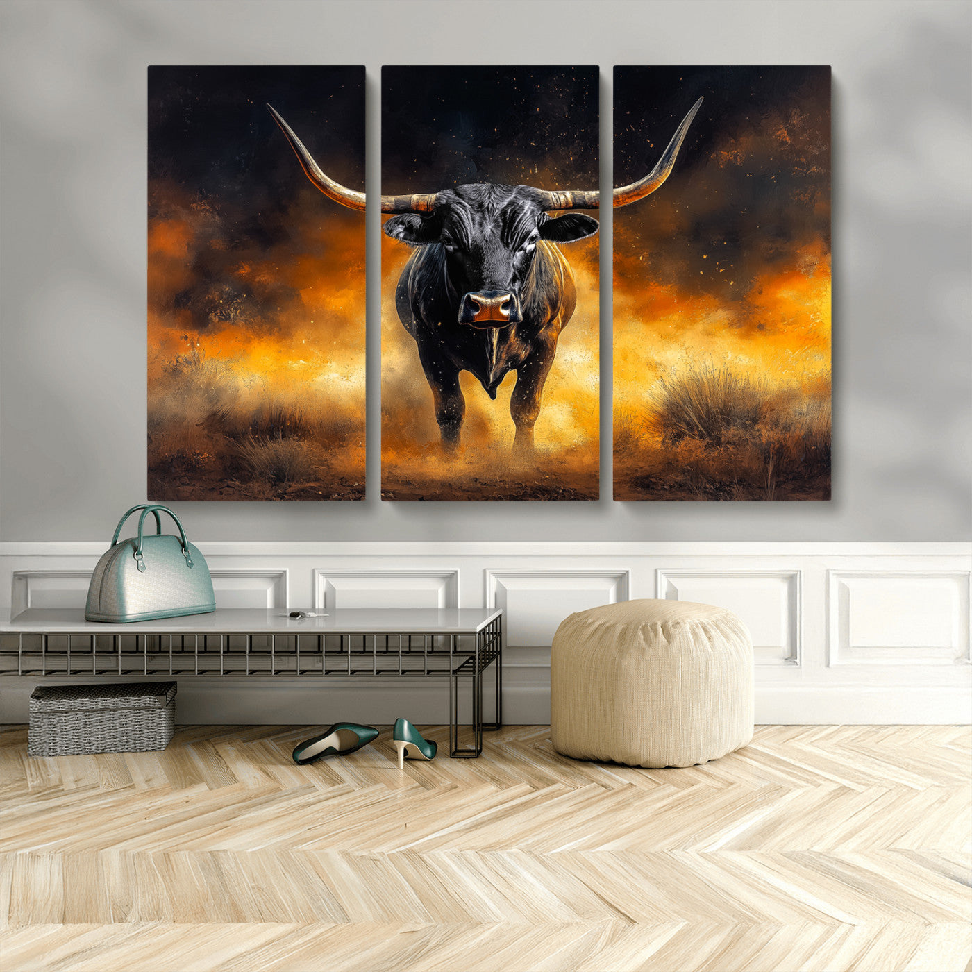MGV-CV-48X32-3P - Longhorn Canvas Wall Art Canvas Print, Framed Bold Bull Wall Art Art Picture Print, Western Animal Decor Perfect Western Dramatic Decor Artwork