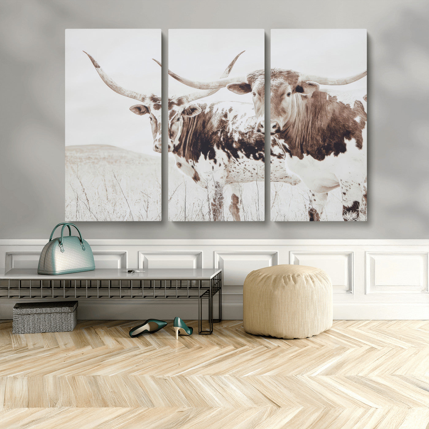 MGV-CV-48X32-3P - Longhorn Wall Art Wall Art Canvas Print, Framed Western Cow Canvas Art Picture Print, Rustic Farm Decor Perfect Rustic Farmhouse Decor Artwork
