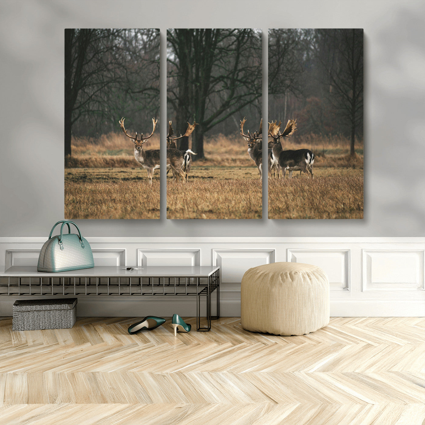 MGV-CV-48X32-3P - Deer Photography Wall Art Canvas Print, Framed Rustic Wildlife Art Picture Print, Stags In Forest Perfect Rustic Wilderness Decor Artwork