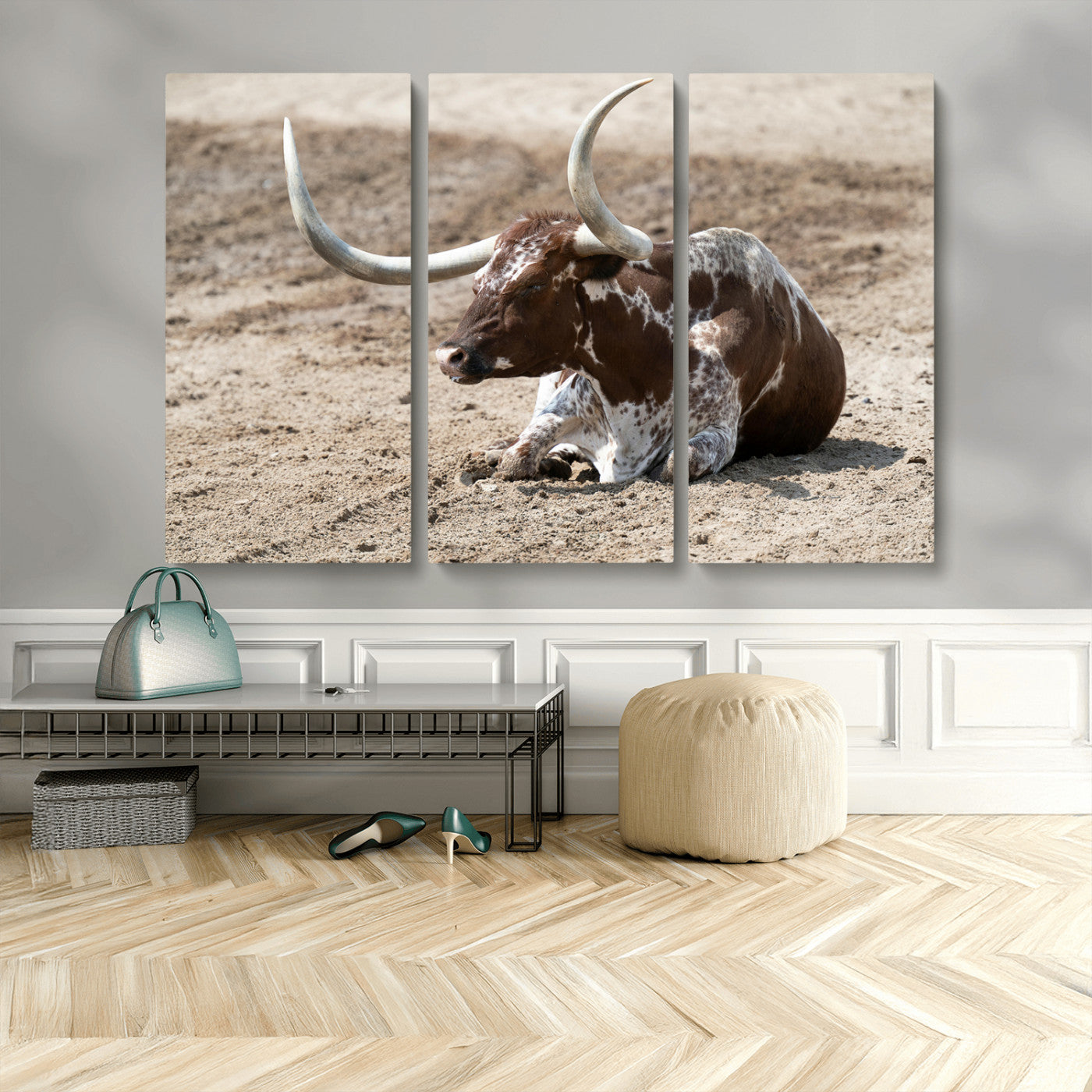 76549210-MGV-CV-48X32-3P-Texas Longhorn Wall Art Canvas Print, Framed Country Living Art Picture Print, Farmhouse Perfect