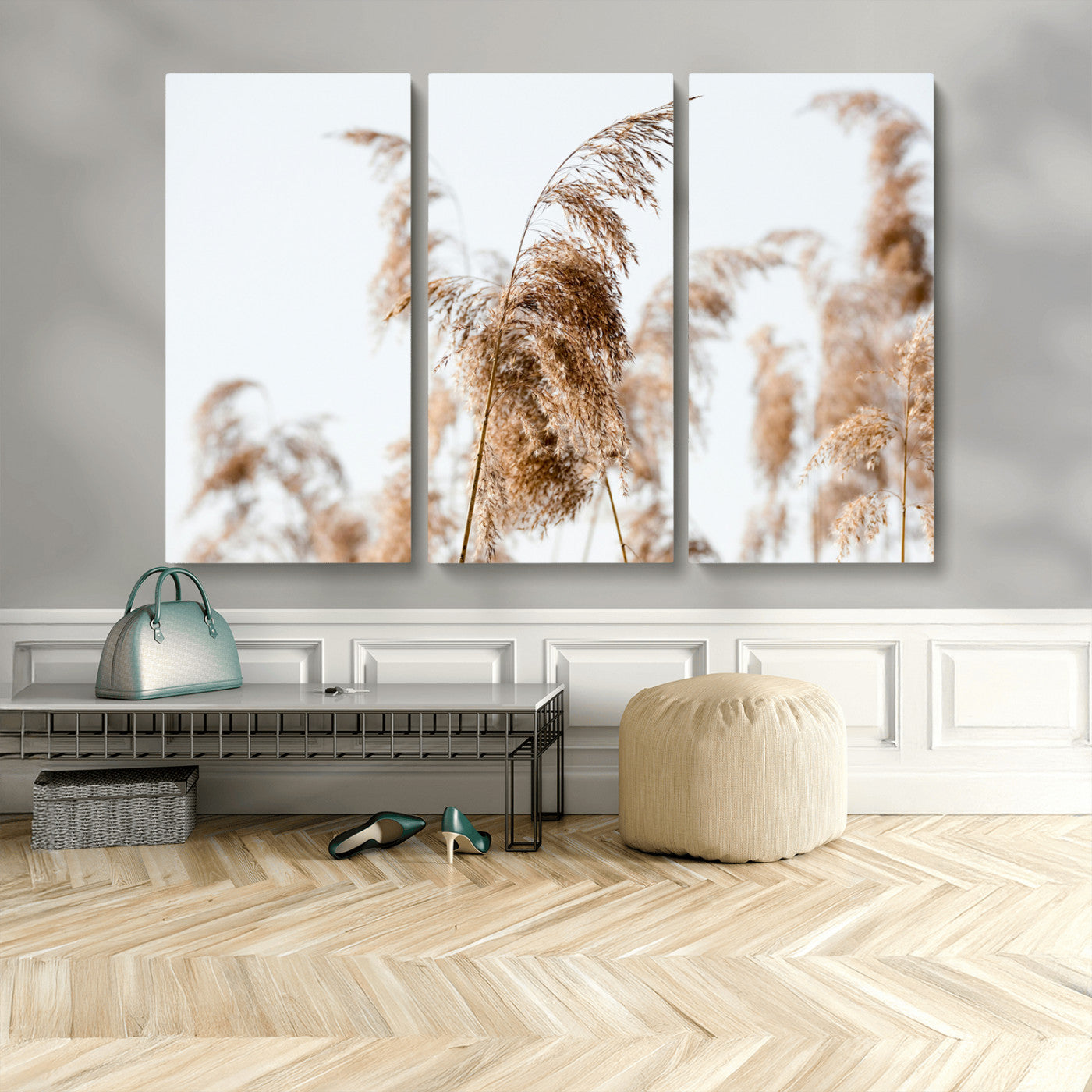 MGV-CV-48X32-3P - Pampas Grass Wall Art Canvas Print, Framed Neutral Tones Art Picture Print, Minimalist Nature Perfect Boho Decor Artwork