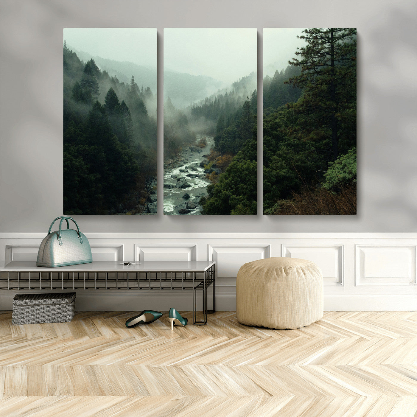 MGV-CV-48X32-3P - Misty Forest Wall Art Canvas Print, Framed Foggy River Art Picture Print, Moody Landscape Perfect Wilderness Decor Artwork