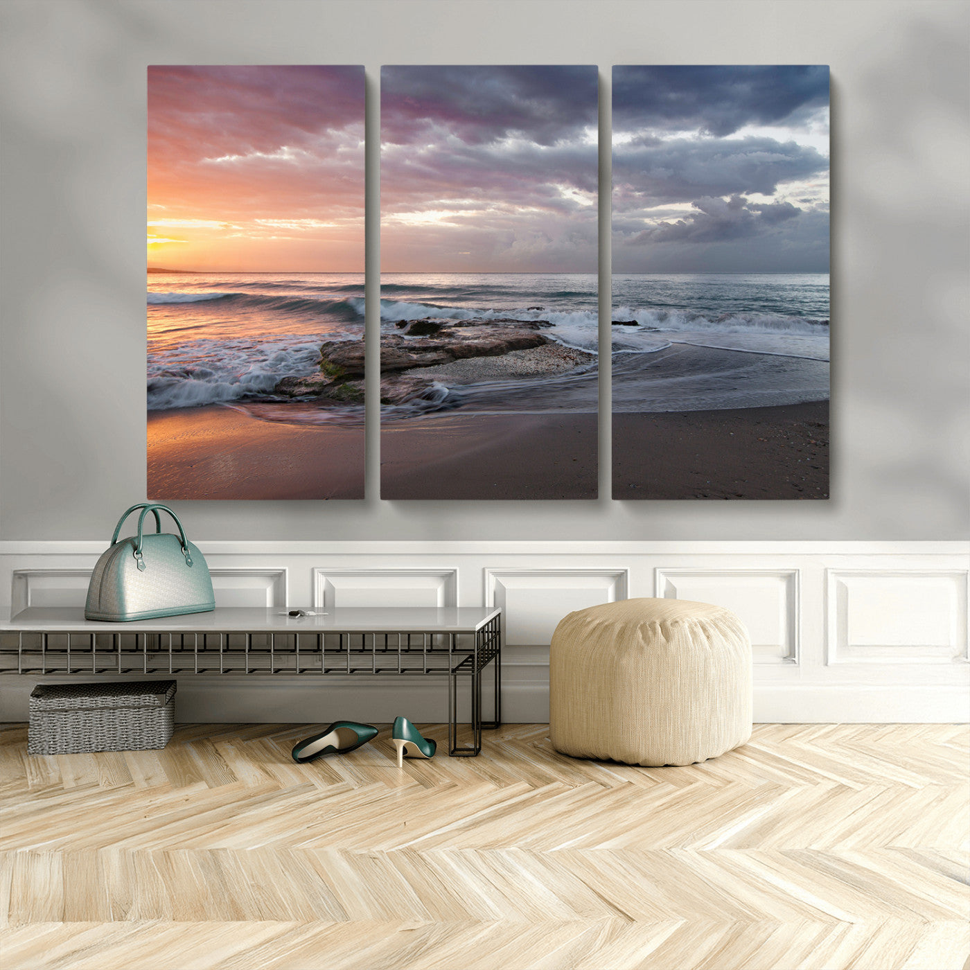 MGV-CV-48X32-3P - Golden Hour Wall Art Canvas Print, Framed Tranquil Waves Art Picture Print, Beach Perfect Coastal Serenity Decor Artwork