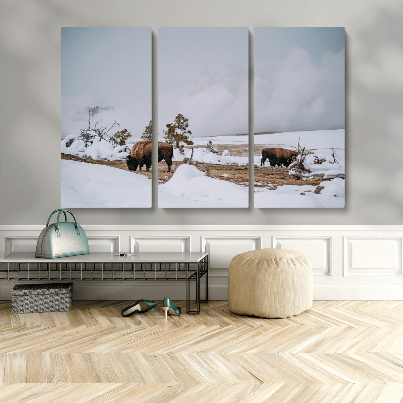 MGV-CV-48X32-3P - Bison Wildlife Wall Art Canvas Print, Framed Snowy Prairie Art Picture Print, Western Perfect Rustic Decor Artwork