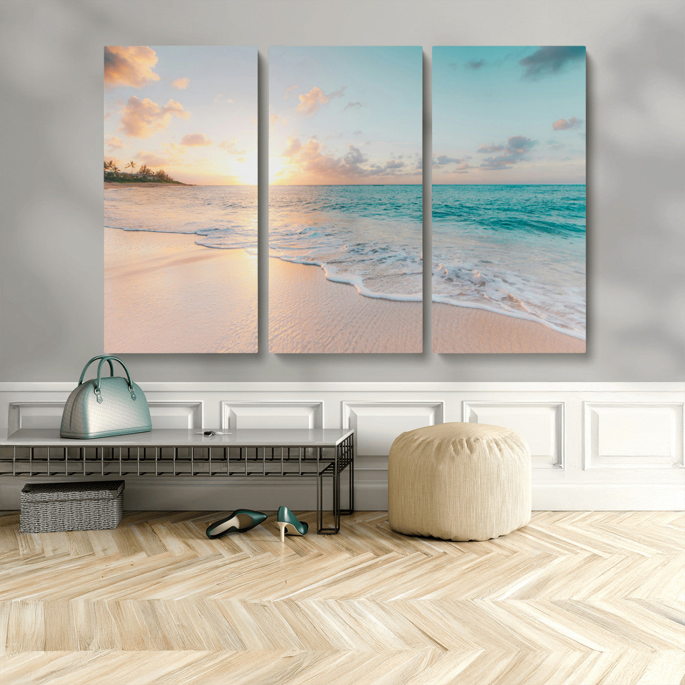 MGV-CV-48X32-3P - Beach Sunset Wall Art Canvas Print, Framed Ocean Waves Art Picture Print, Summer Escape Perfect Coastal Decor Artwork