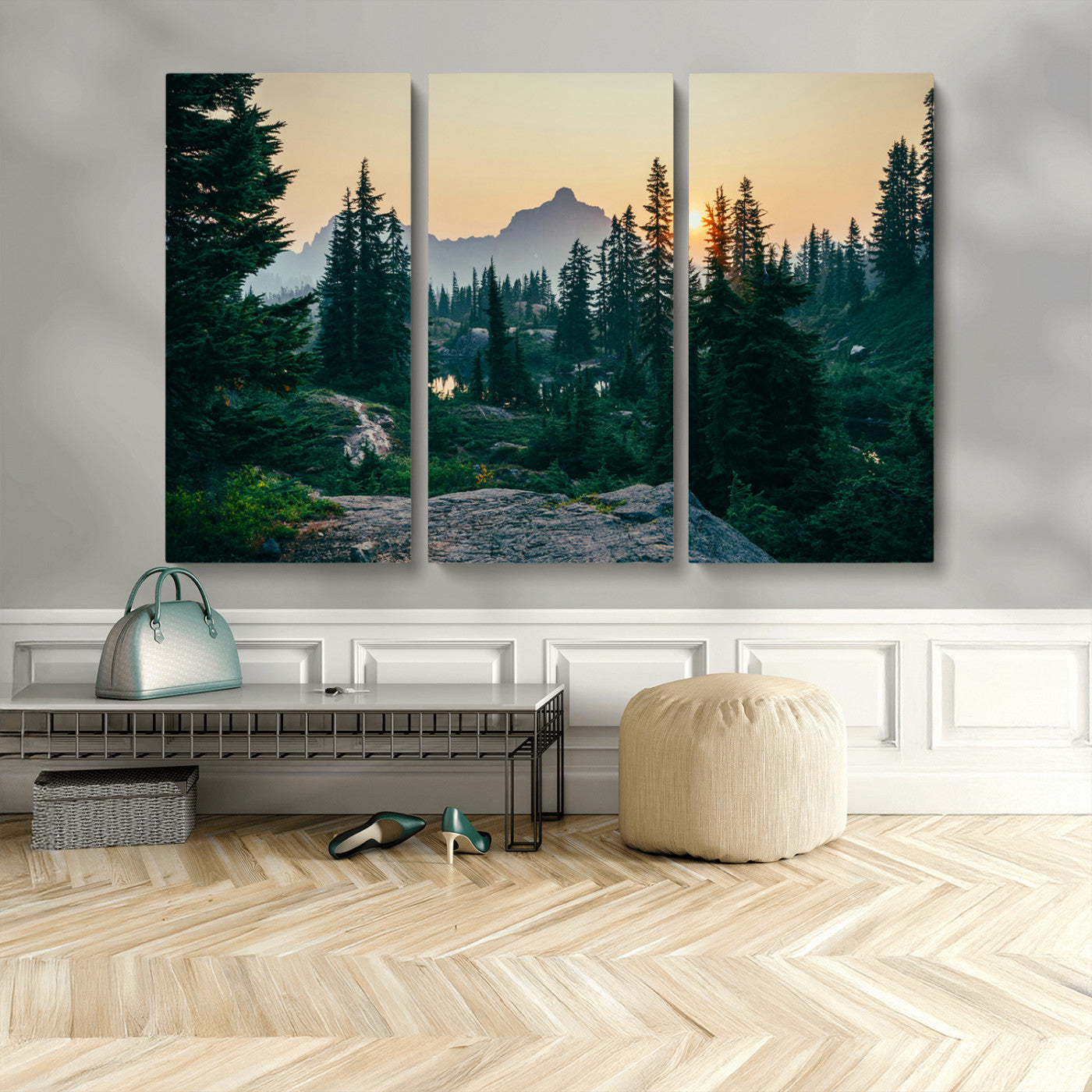 MGV-CV-48X32-3P - Mountain Wall Art Canvas Print, Framed Forest Serenity Art Picture Print, Mountain Perfect Rustic Decor Artwork