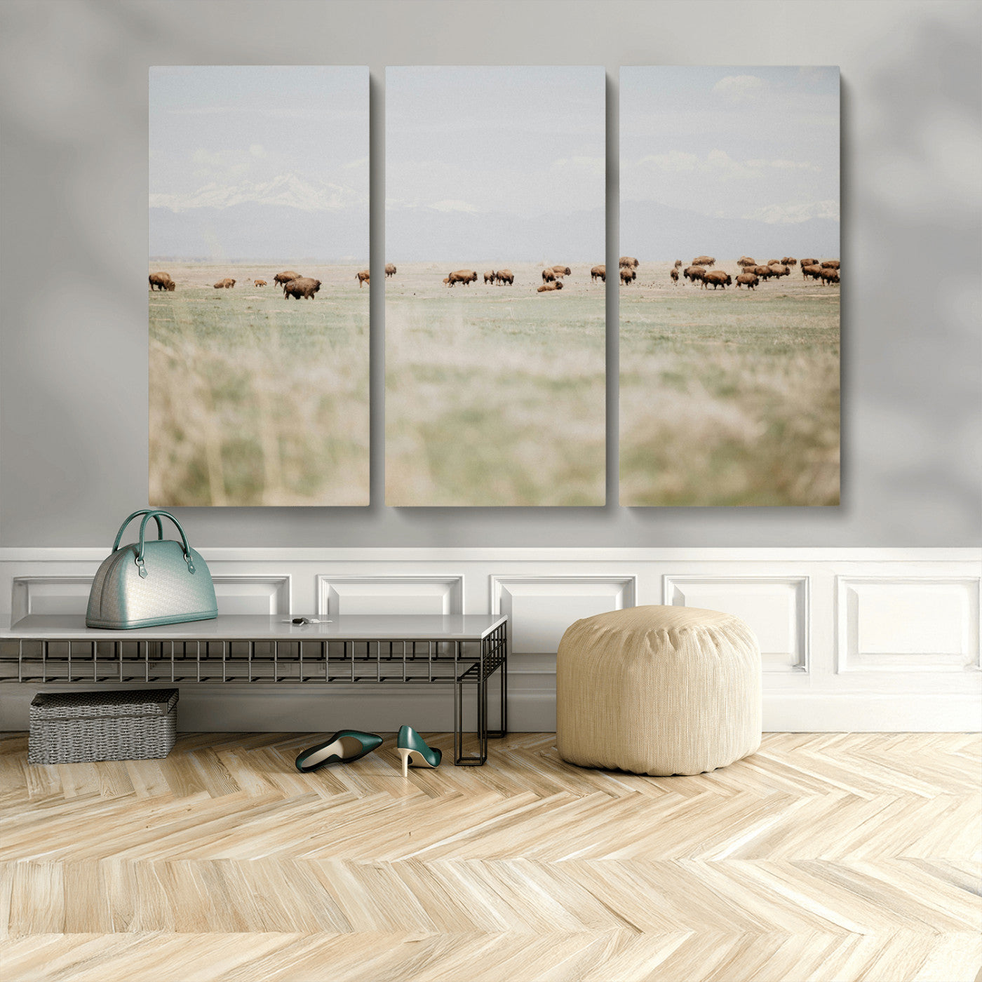 MGV-CV-48X32-3P - Bison Herd Wall Art Canvas Print, Framed Western Art Picture Print, Bison Perfect Ranch Decor Artwork