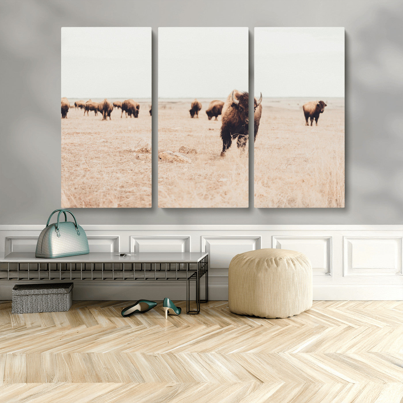 MGV-CV-48X32-3P - Bison Herd Wall Art Canvas Print, Framed Western Art Picture Print, Prairie Serenity Perfect Ranch Decor Artwork
