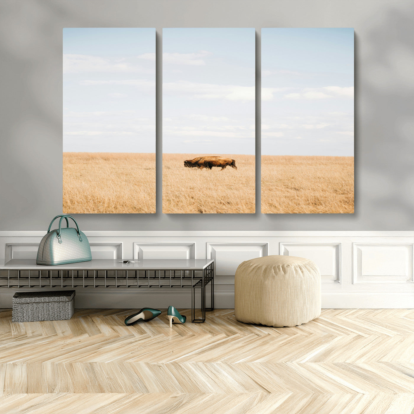 MGV-CV-48X32-3P - Minimalist Nature Wall Art Canvas Print, Framed Bison In Grassland Art Picture Print, Open Field Perfect Modern Ranch Decor Decor Artwork